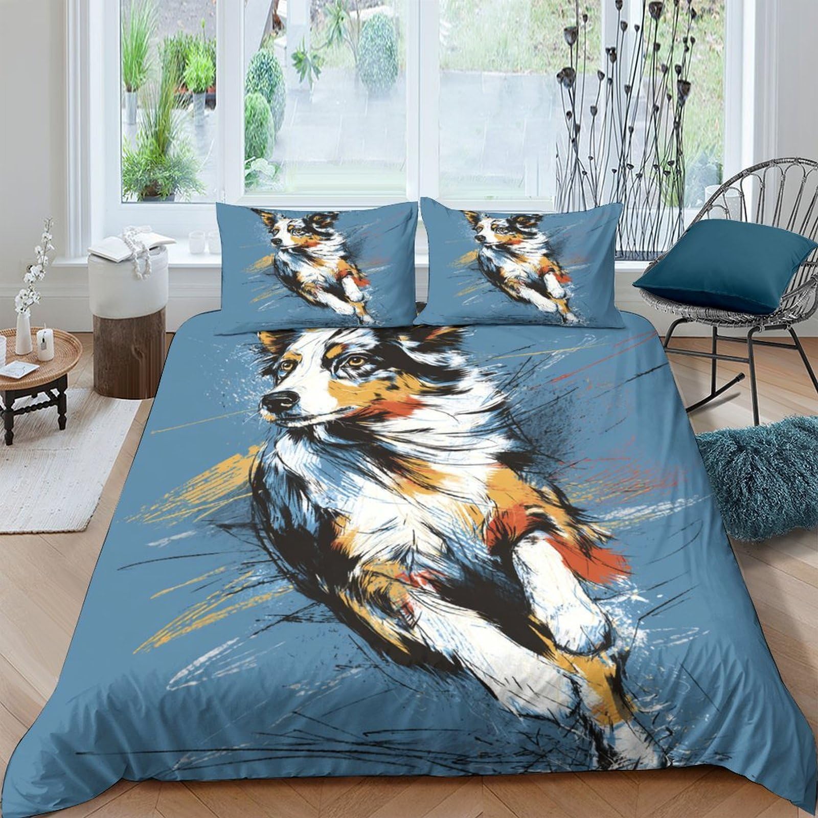 Ctjqhvkz Style-5 3D Printed Australian Shepherd Fitted Sheet Microfiber Soft Blue Artistic Dog Bed Cover For Bedroom Guest Room Decor Single（135X200cm）