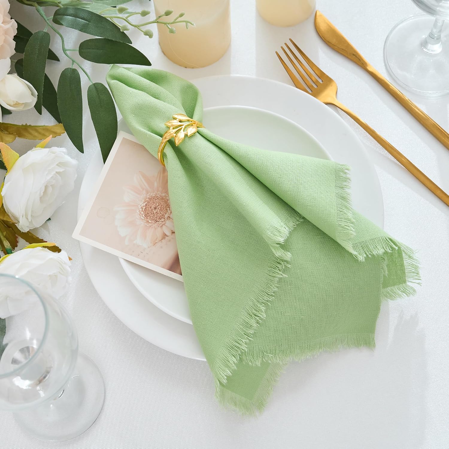 Handmade Cloth Napkin with Fringe Set of 12 Sage Green Cotton Napkin