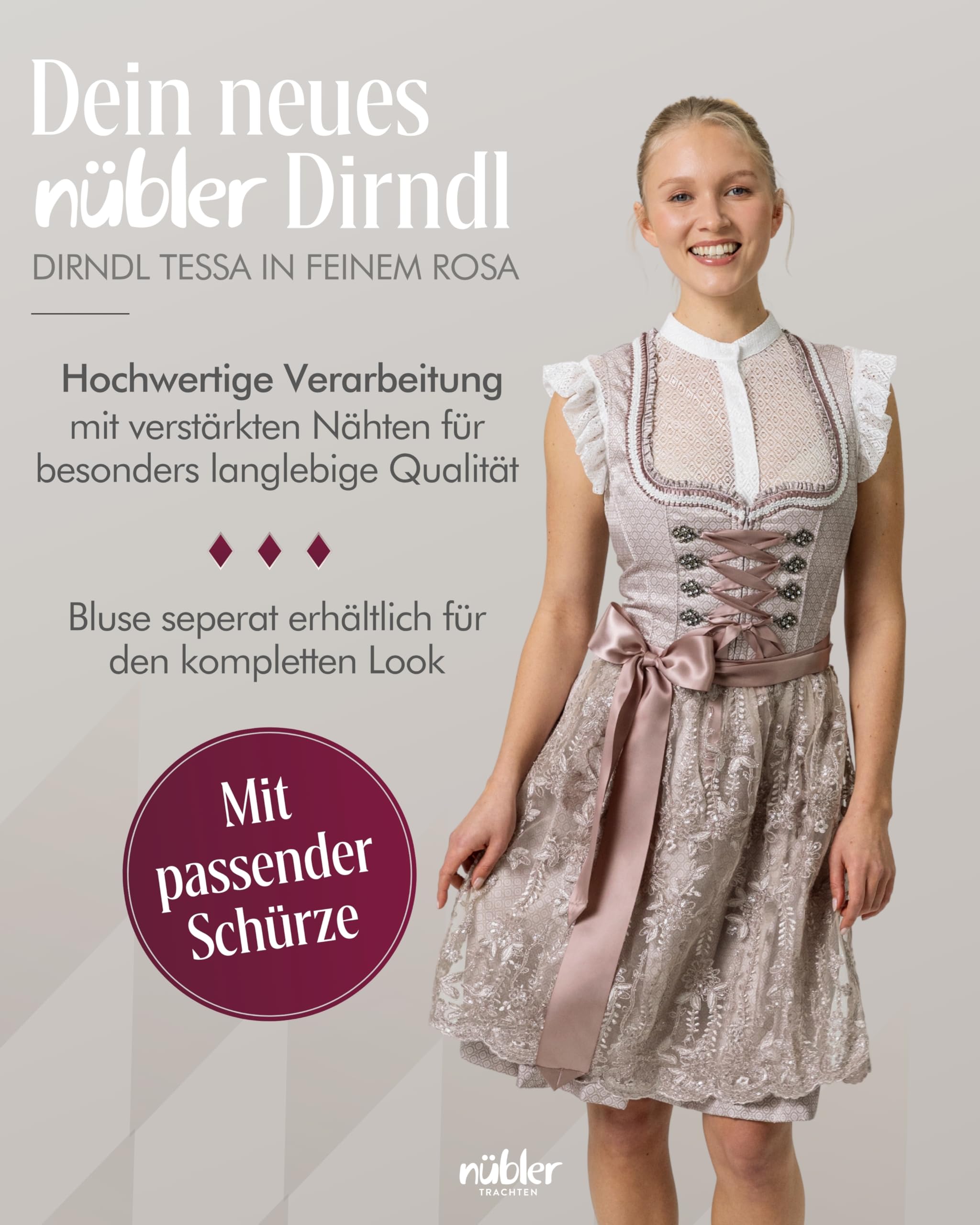 Nübler Damen Dirndl Tessa I Größen 30-48 I Mini-Dirndl mit Rocklänge 55 cm & passender Schürze I Kurzes Trachtenkleid mit modernem Schnitt & dezenten Details I Ideal für Trachten & Festlichkeiten