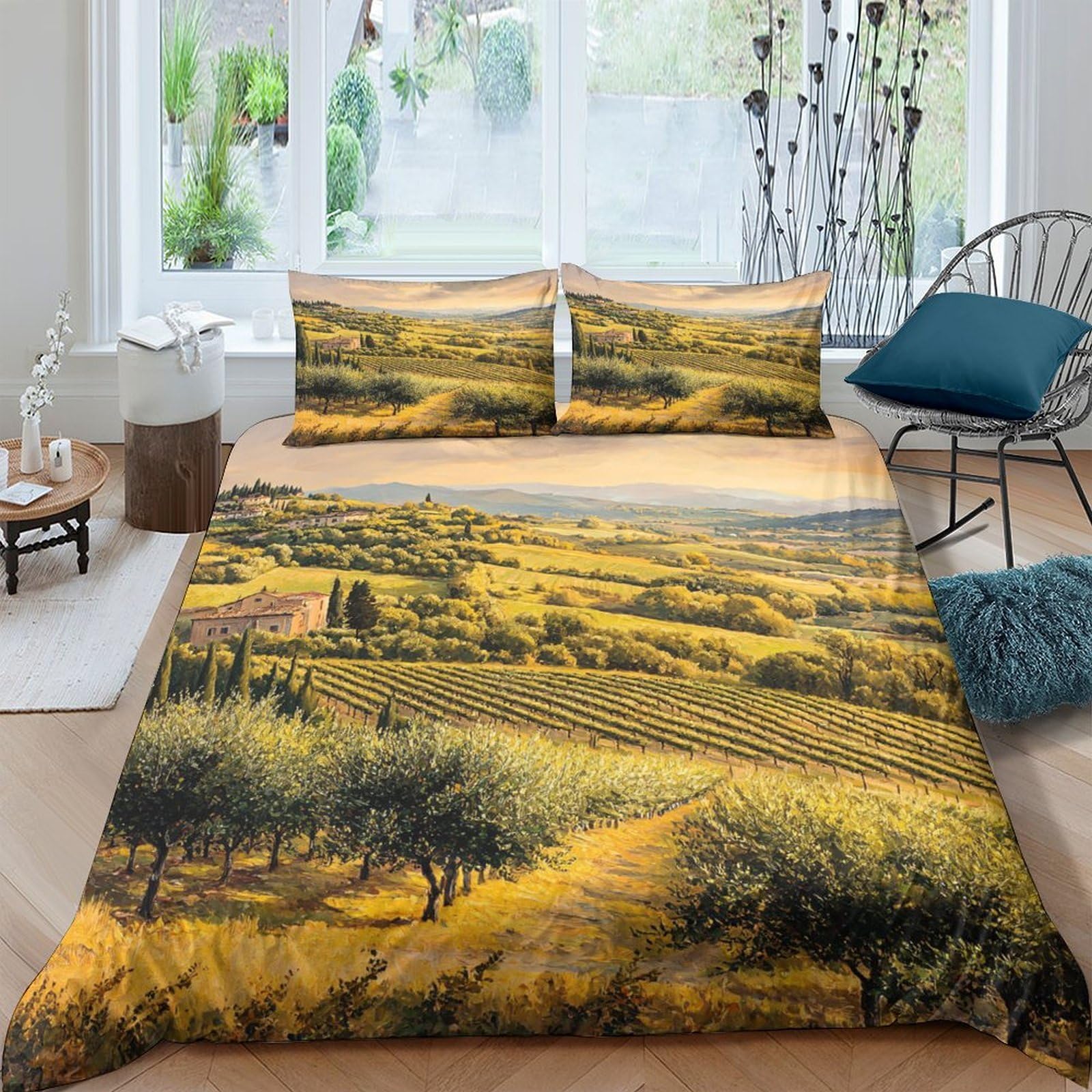 GPLZQXKJNH 3D Printed Tuscany Landscape Duvet Cover Microfiber Soft Breathable Golden Field Bedding Set with 2 Pillowcases for Bedroom Decoration Single（135x200cm）