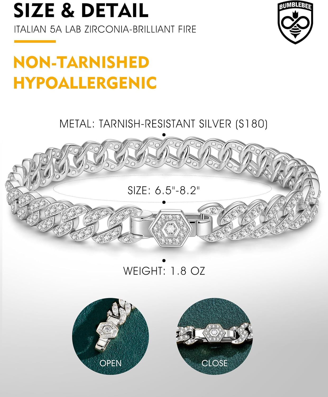 BUMBLEBEE Handmade Cuban Link Bracelet for Women and Men,14K Gold Plated Miami Cuban Chain Bracelets,Italy 5A Lab Zirconia,Hypoallergenic,Streetwear Hip Hop,Gift for Valentine's Birthday Size 7"-8" - Image 5