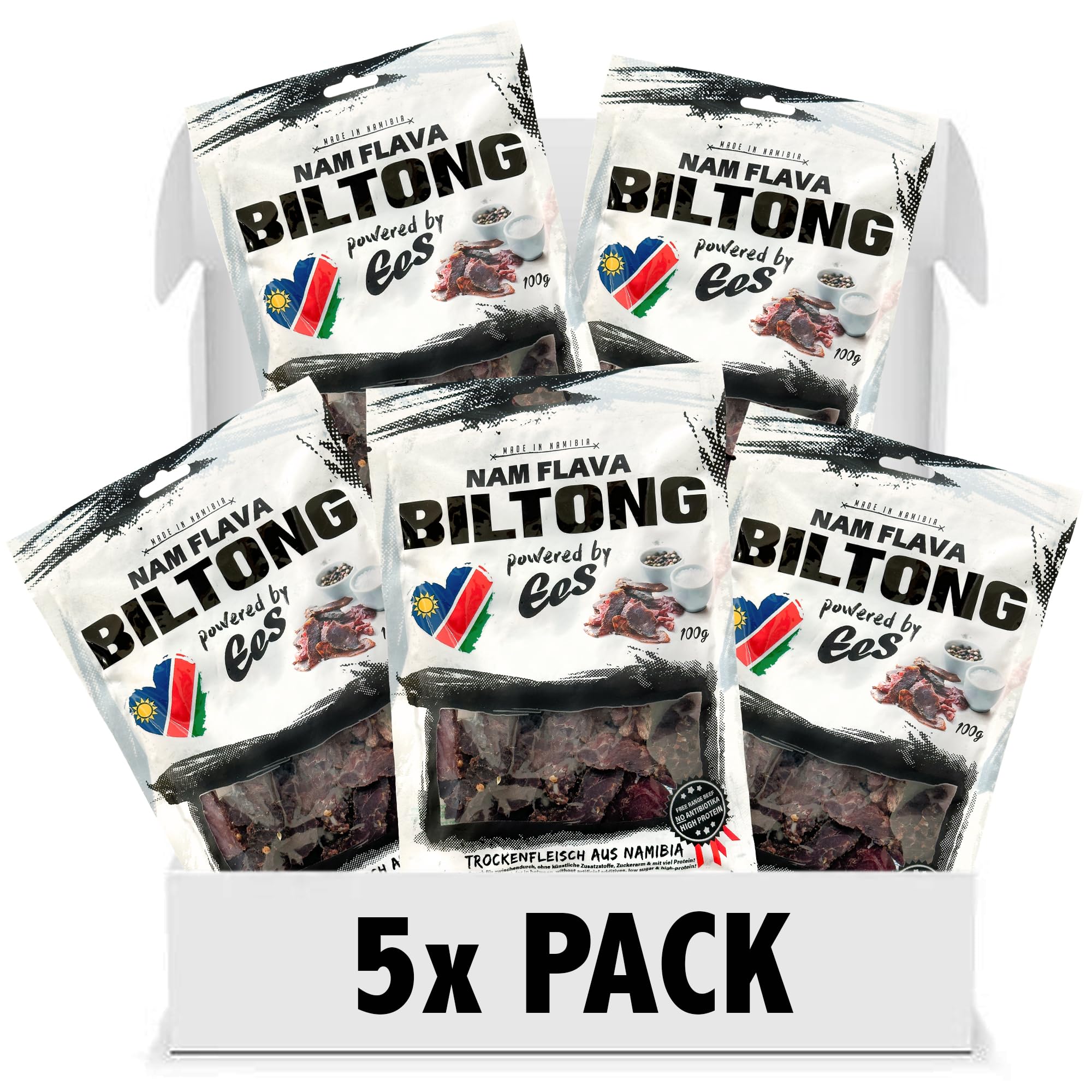 Nam Flava - Biltong original de Namibie - 0,5 kg (5x100 g) - Beef Jerky, viande séchée, beaucoup de protéines