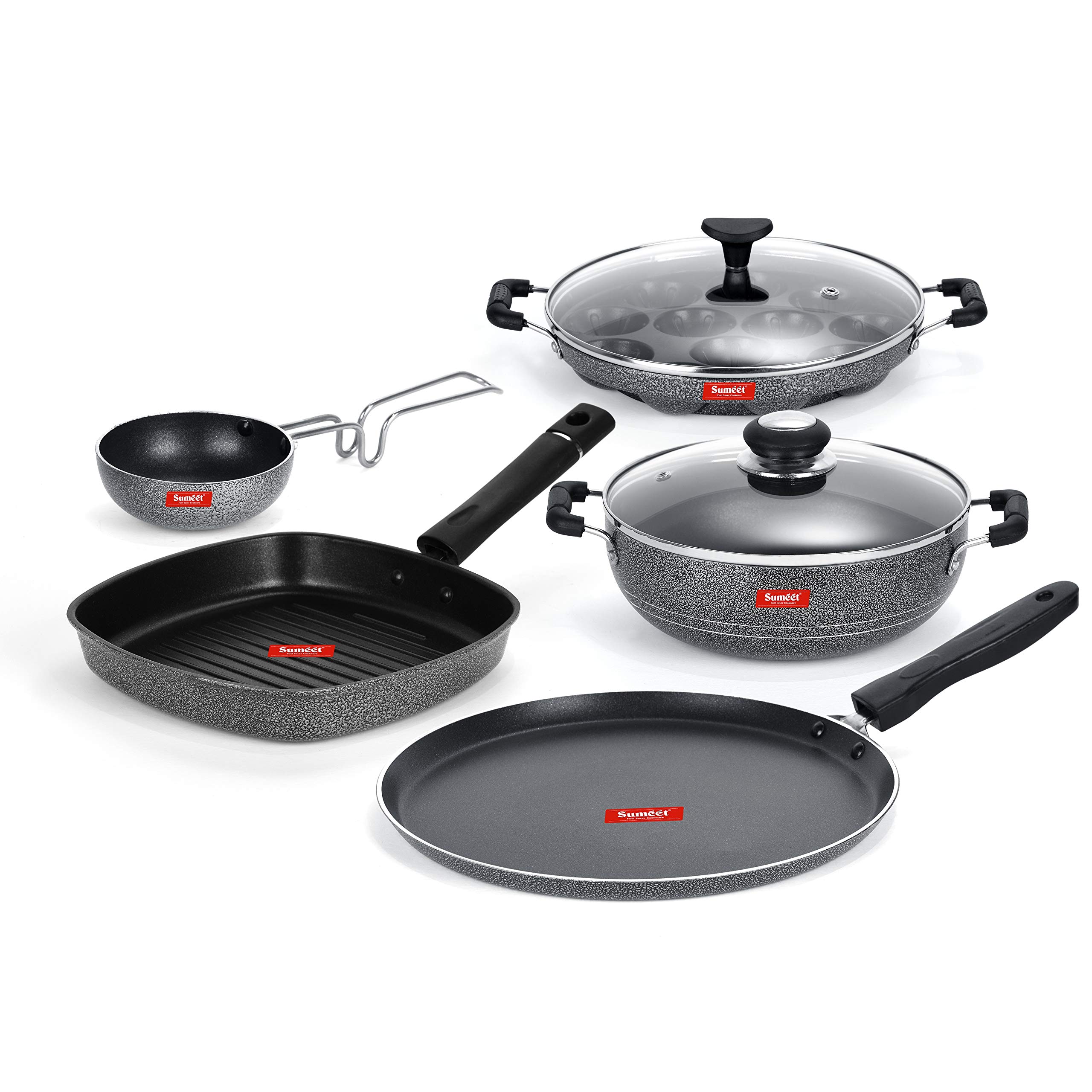 SUMEET Aluminium Non Stick Goal Cookware Set (Silver, Dosa Tawa-26.5Cm Dia, Kadhai with Appam Patra with Glass Lid-12 Cavity-22cm Dia, Grill Pan-22cm Dia, Tadka pan-190Ml-10Cm Dia)