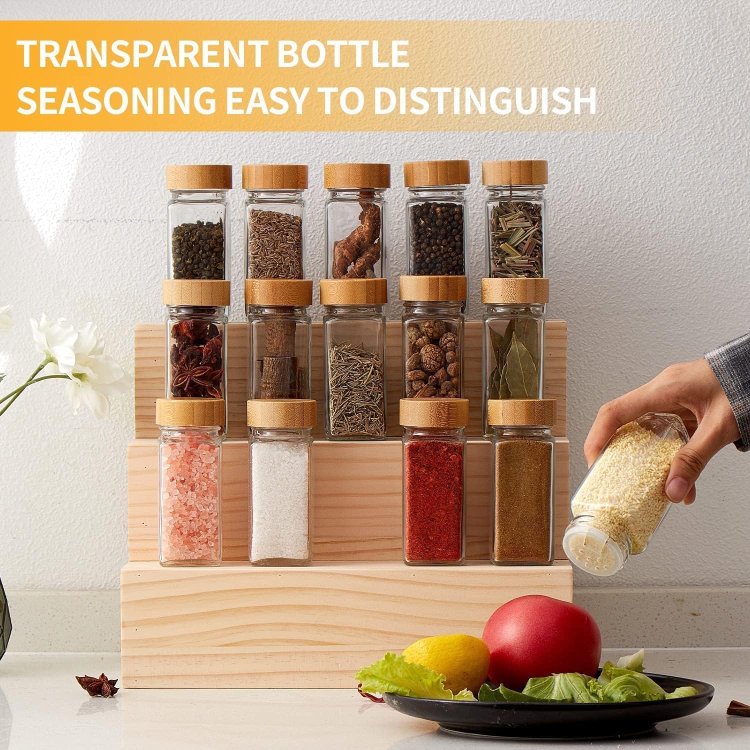 TFixol Gewürzgläser aus Glas mit 40 Aufklebern, 118 ml, 24 Streudeckel und AI-GHT-Metallkappen, Farbstift, zusammenklappbarer Trichter und Lappen aus Silikon, 24 Stück, 24 Stück