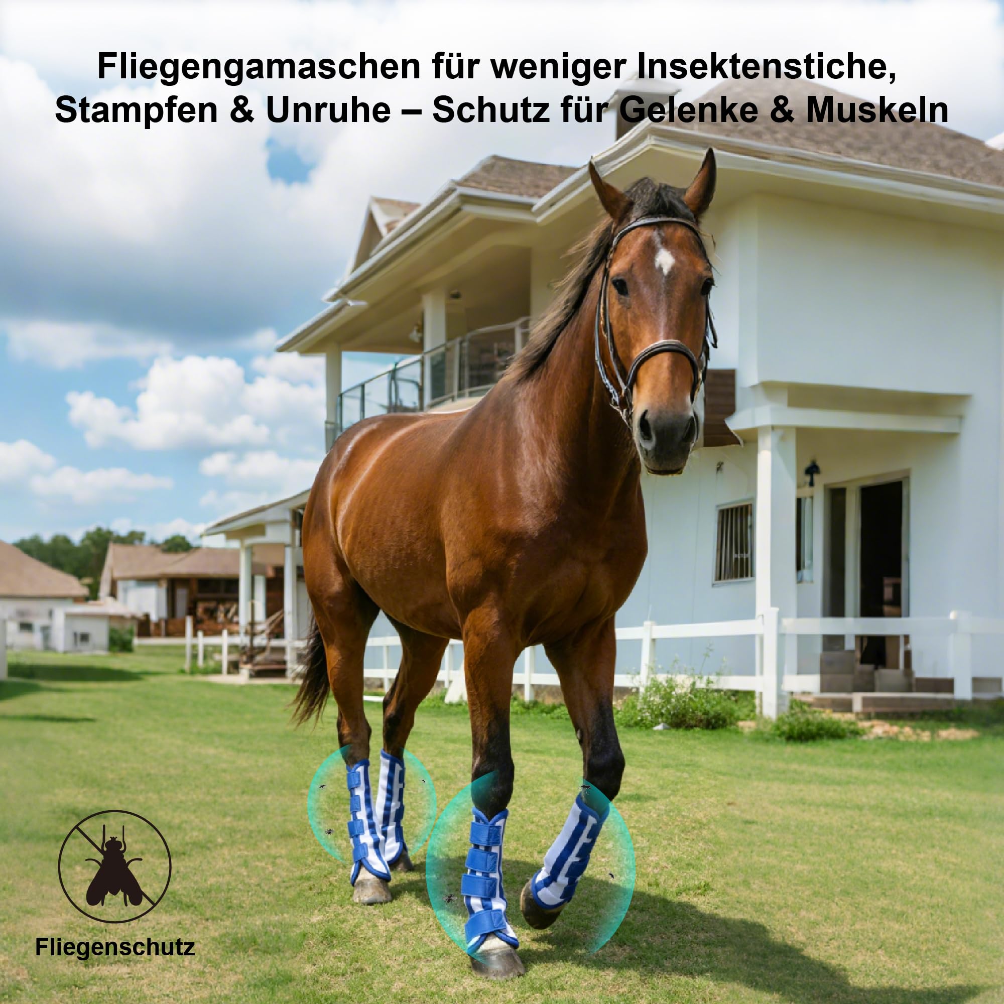 Set di 4 ghette anti-mosche per cavallo, protezione efficace contro freni e zanzare, ghette in rete traspirante, regolabili con chiusura in , per zampe anteriori e posteriori