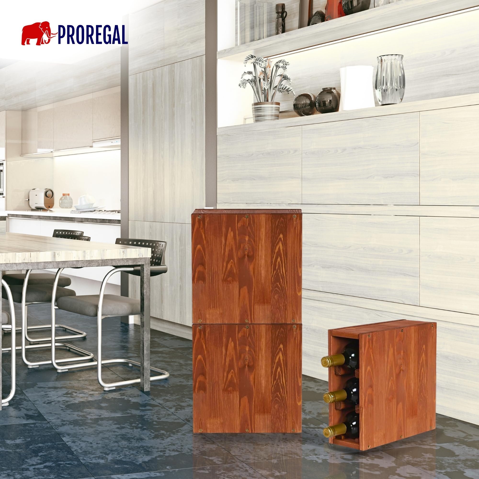 PROREGAL Modulares Weinregal VINCELLAR MOD | HxBxT 30x12x30cm | Schmal Modul für 3 Flaschen | Massives Kiefernholz | Braun geölt | Weinhalter Weinständer Flaschenständer Flaschenregal Holzregal