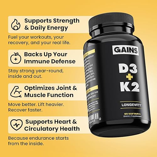 Miniatura 2 de Ganancias en suplemento D3 K2 a granel, vitamina D3 5000 UI, vitamina K2 100 Mcg, vitamina A 5000 UI, aceite de algas con Omega 3, apoyo de