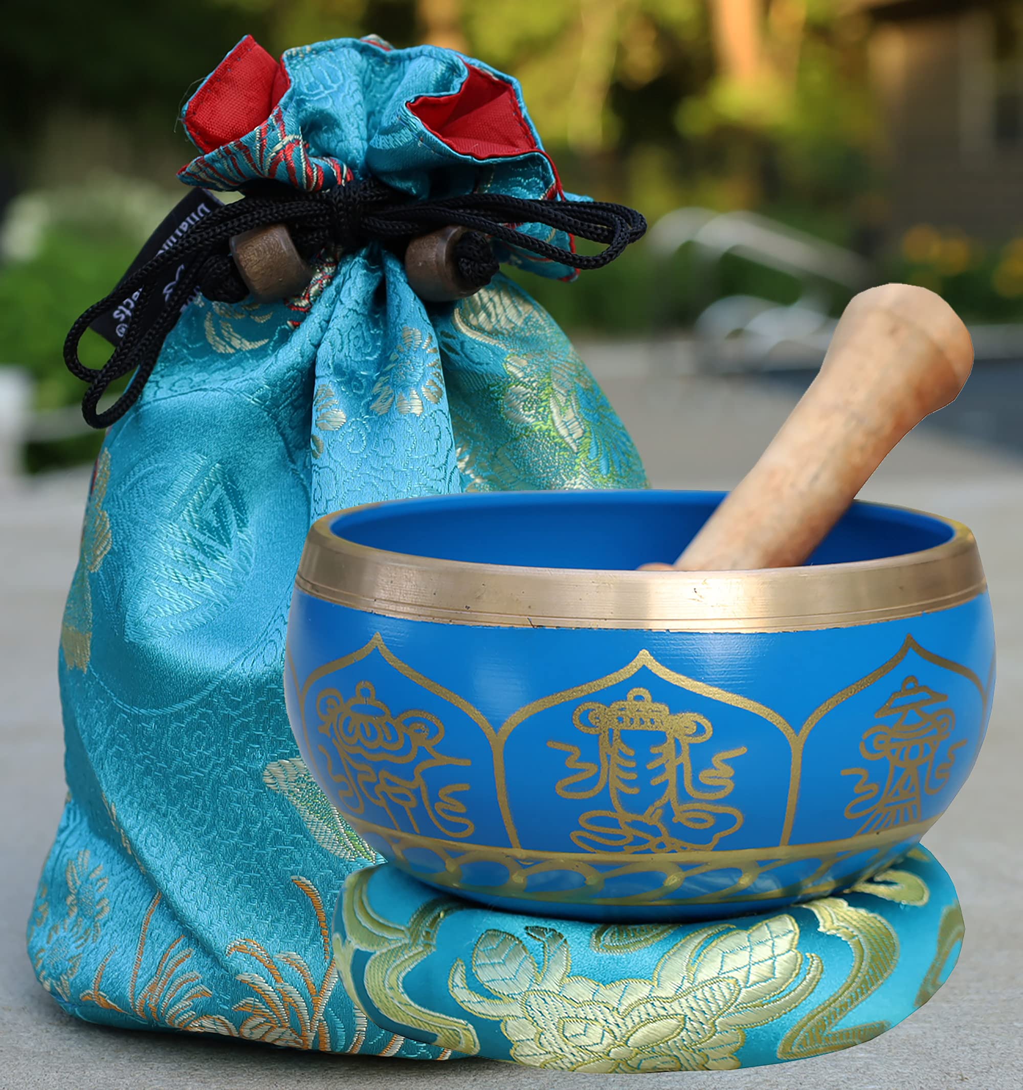 DharmaObjects Medium ~ Tibetan 8 Lucky Symols Singing Bowl Set ~ With Mallet, Brocade Cushion & Carry Bag ~ For Meditation, Chakra Healing, Prayer, Yoga (Turquoise)