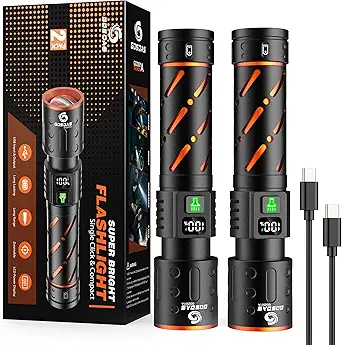 Rechargeable Flashlights High Lumens 10000-2 Pack, Super Bright 30W LED, Long Lasting 12H, Single Click 3 Modes, Multifunctional USB C Input Output LCD Power Display, for Camping Hiking Home