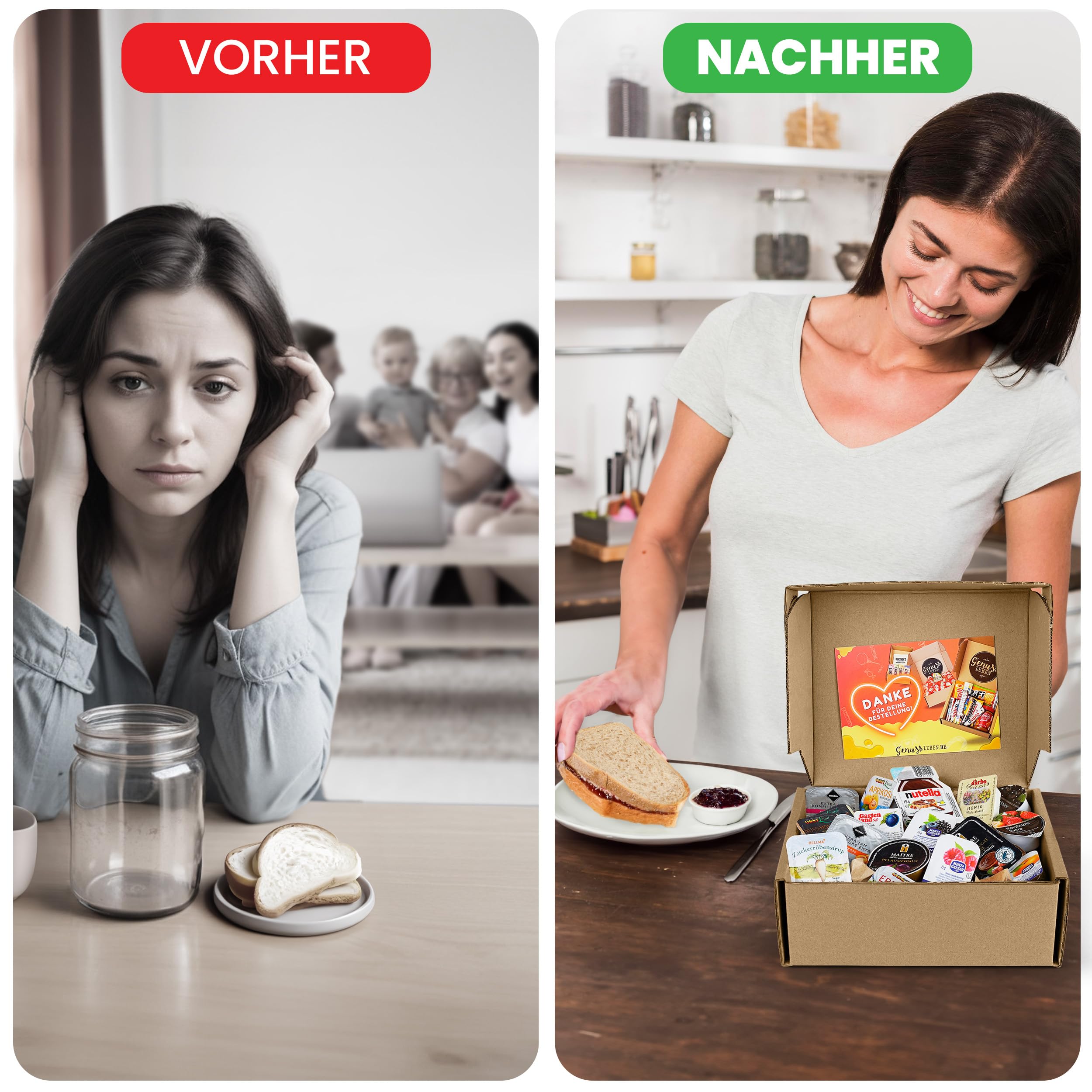 Genussleben Frühstücksbox mit ca. 900g Konfitüre, Marmelade, Honig, Haselnusscreme in vielen Geschmacksrichtungen, ca. 35 kleine Portionen im Mix für Büro, Familie oder Camping.