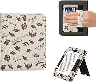 kwmobile Case Compatible with Barnes & Noble Nook Glowlight 4 / 4e - Case PU Leather Cover with Magnet Closure, Stand, Strap, Card Slot - Books and Pages Beige/Brown/Gold