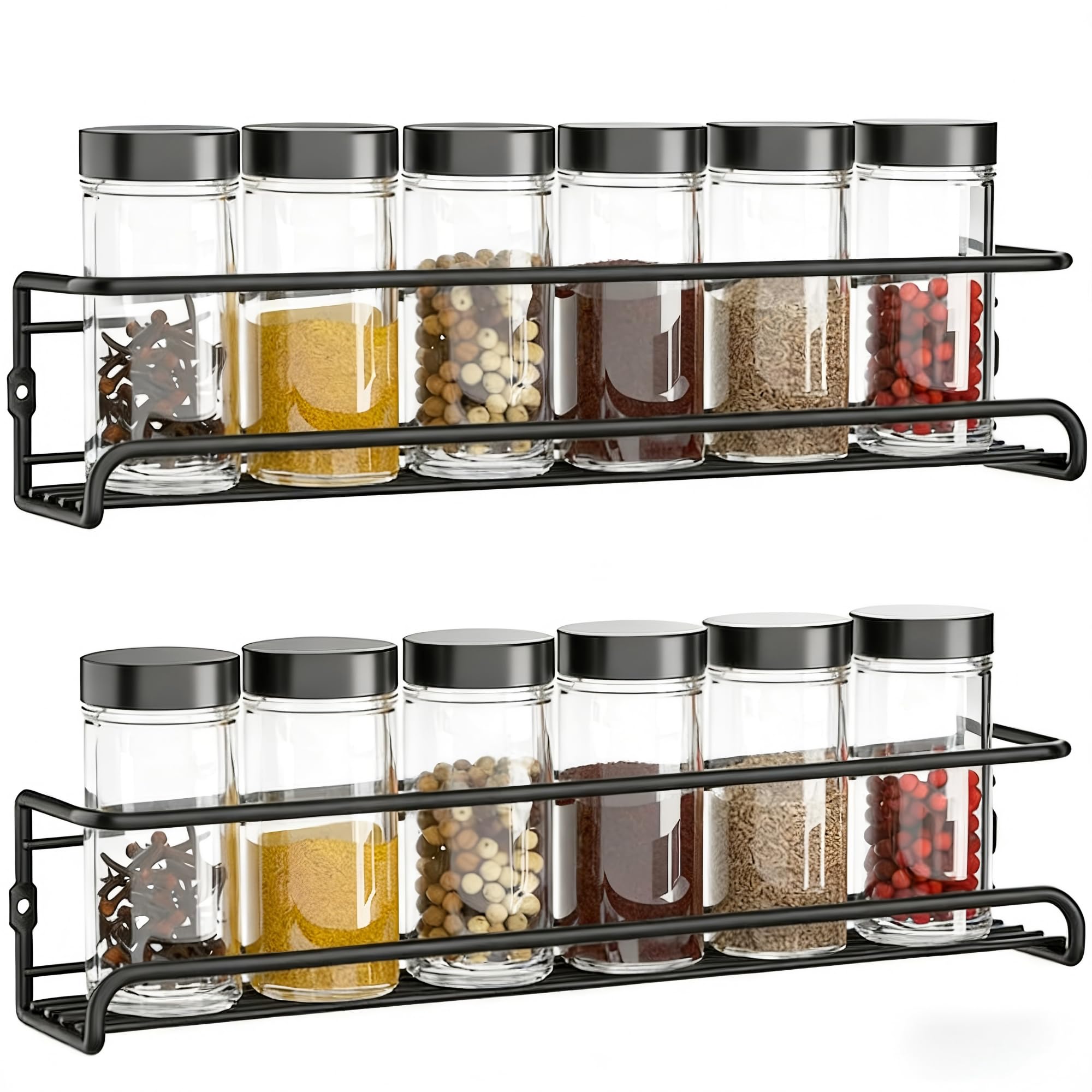 Bitone Spice Racks Organiser,2 Tier Hanging Stainless Steel Spice Racks Wall Mounted,with Adhesive Stickers and Screws Kitchen Pantry Shelf for Spices and Condiments, Jars (Black) โ image 1