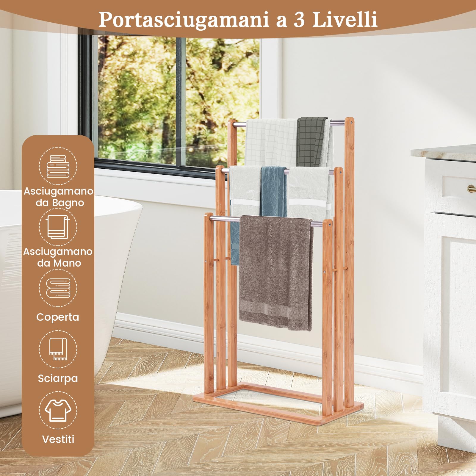 COSTWAY Portasciugamani in Bambù da Terra | Mobile Bagno con 3 Aste per Asciugamano in Acciaio Inox, 46x24x84cm