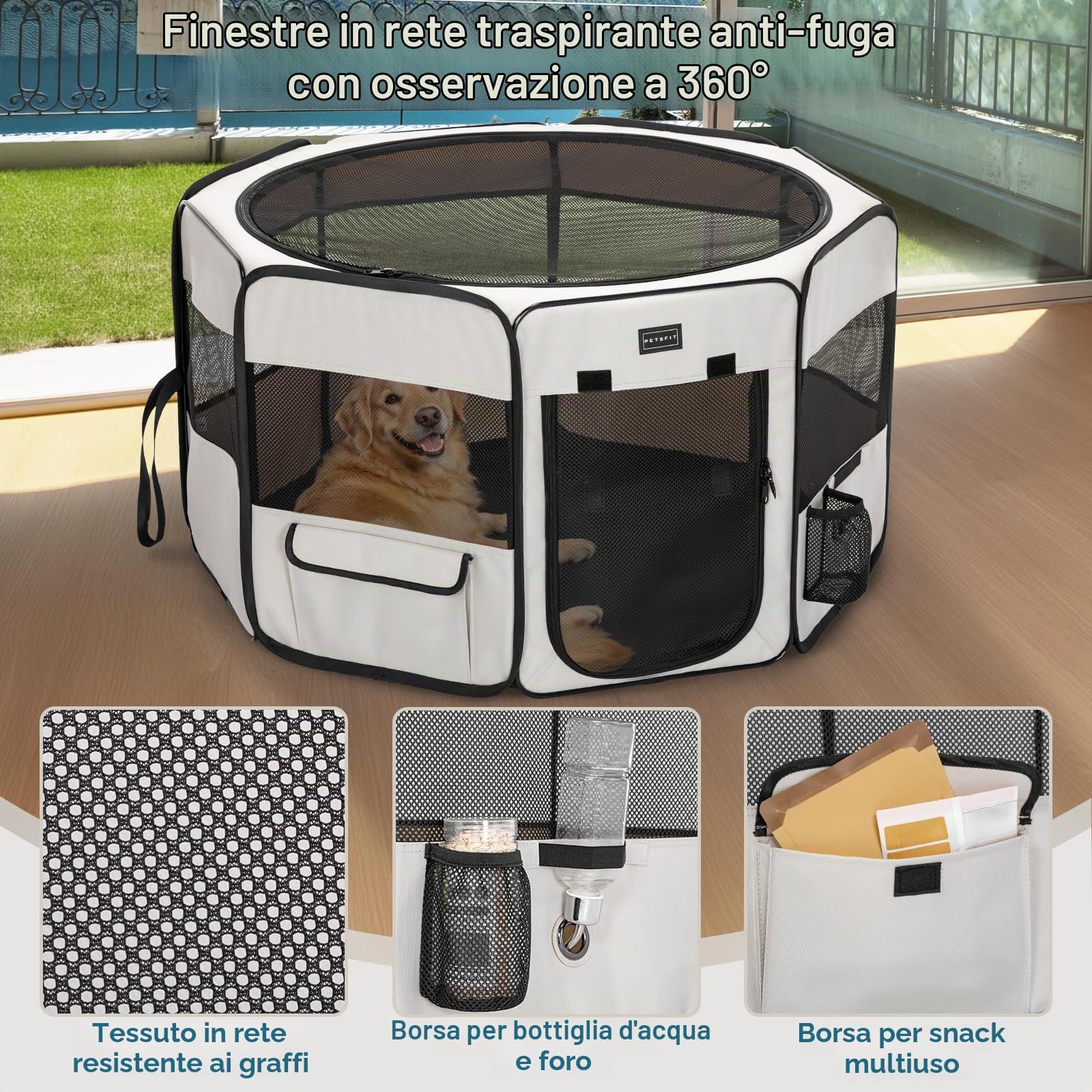 PETSFIT Recinto per Cani pieghevole, con Coperchio rimovibile, Cuccia per Animali con Pavimento impermeabile in Tessuto, Bianco, 116 * 106 * 70CM