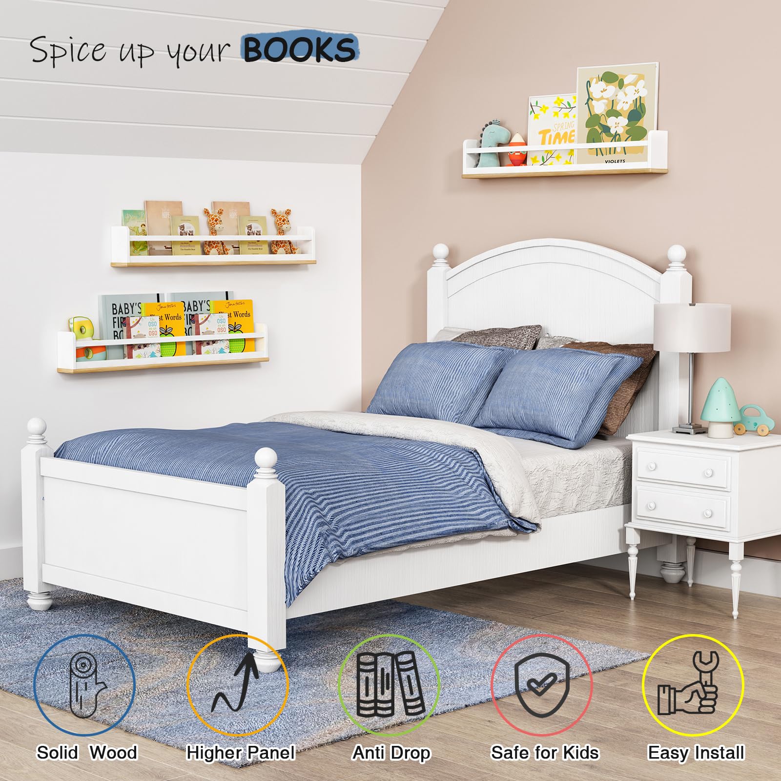 Estantes flotantes de 36 pulgadas de largo para pared de guardería, estantes grandes para libros de pared para habitación de los niños, estantería de Haning blanco y natural para niños 3