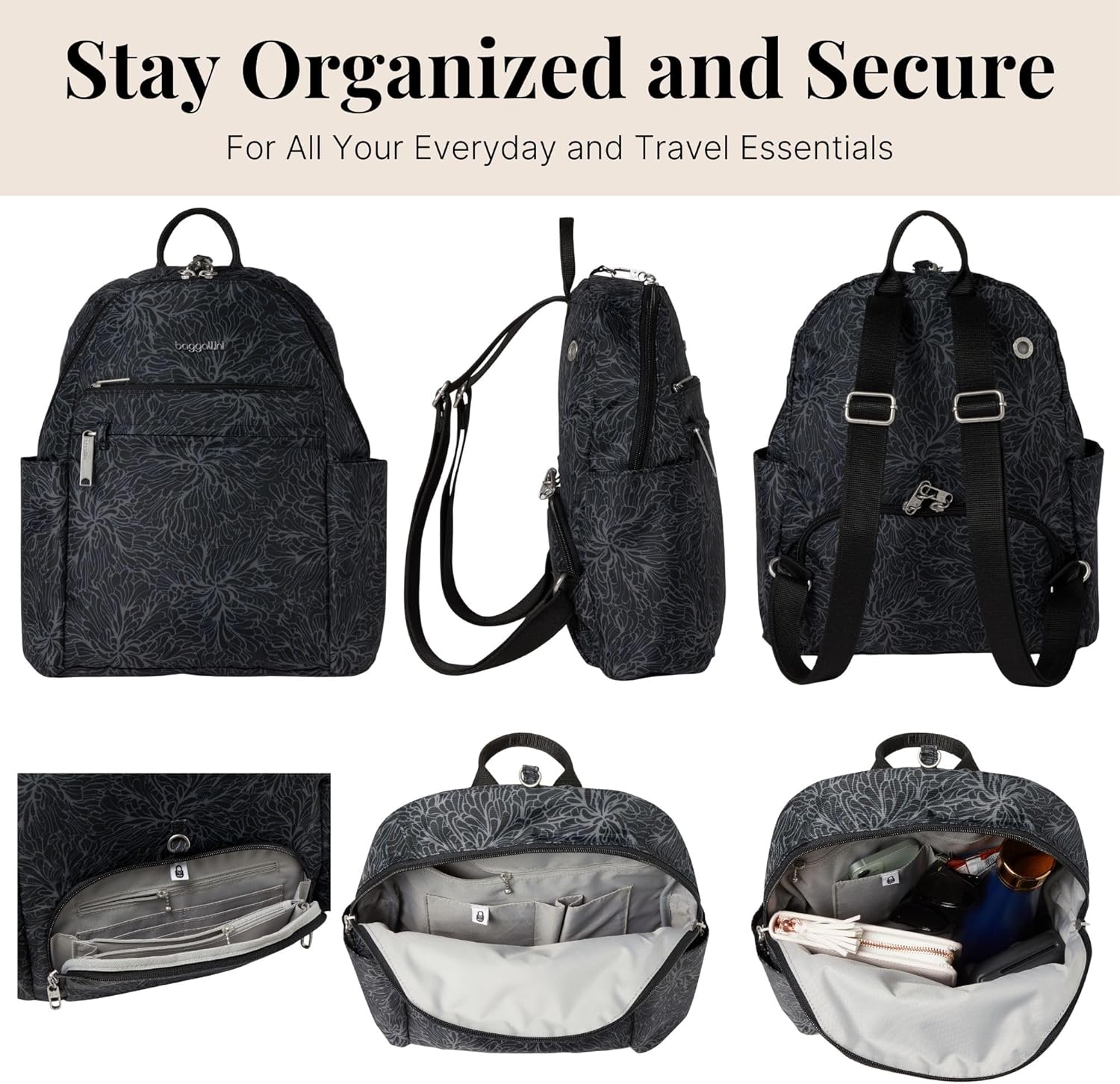 Baggallini Securtex® Anti-theft Vacation Travel Backpack 10x13 Slash-Resistant Nylon Daypack w/RFID, Midnight Blossom
