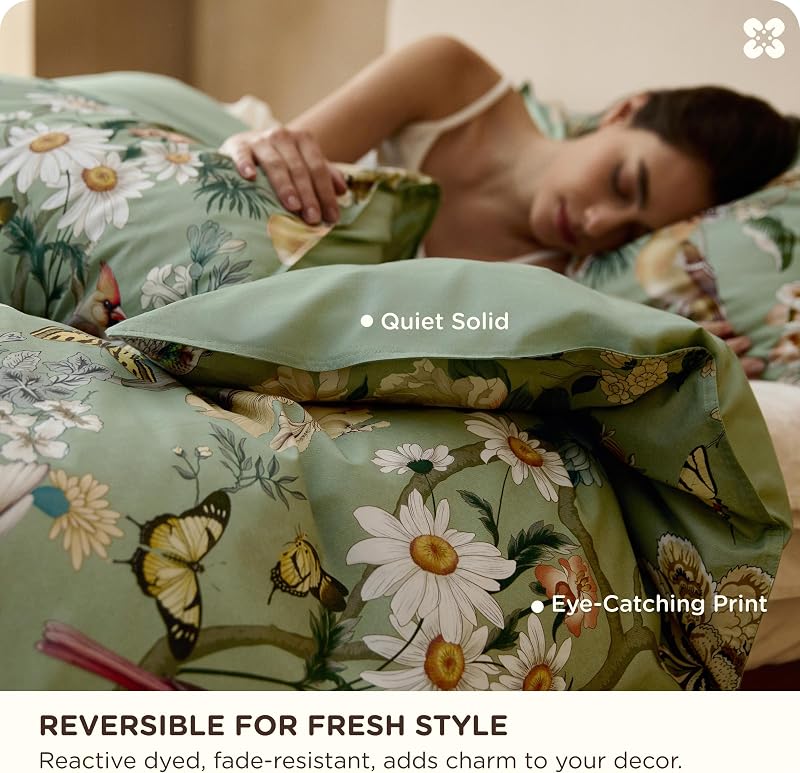 Bedsure PureWoven 100% Cotton Floral Duvet Cover Set, Queen, Green Garden image 3