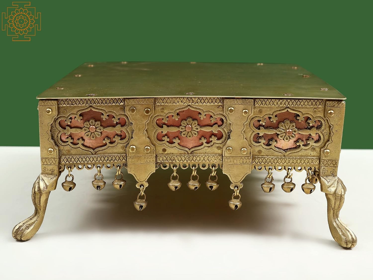 Exotic India 13" Square Chowki (Pedestal) with Ghungroos - Brass with Copper