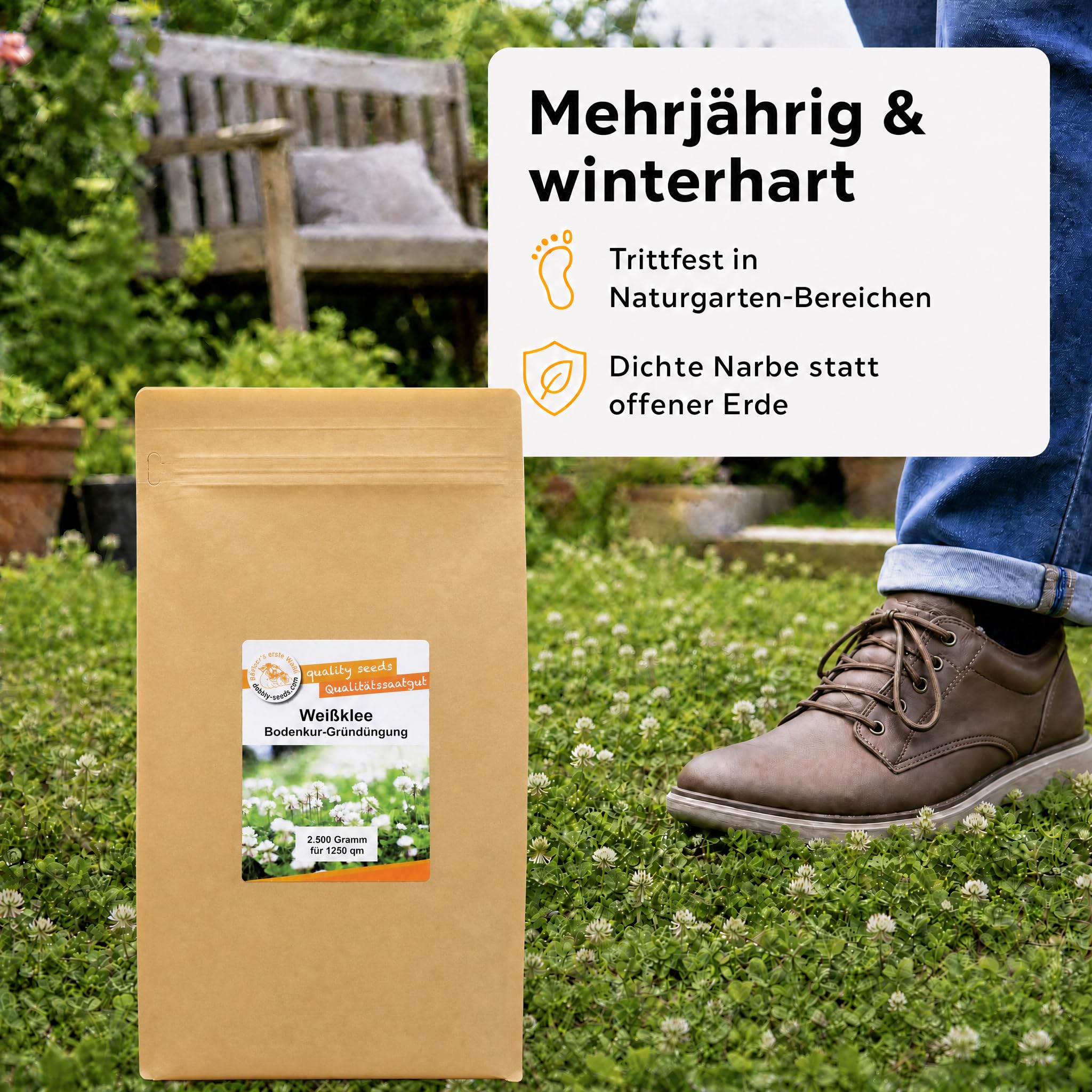 Gärtner's erste Wahl! Bobby-Seeds Weißklee Samen 2500 g für ca. 1250 m², Saatgut ohne Gentechnik für Gründüngung und Bodendecker, mehrjährig und winterhart, Keimfähigkeit geprüft
