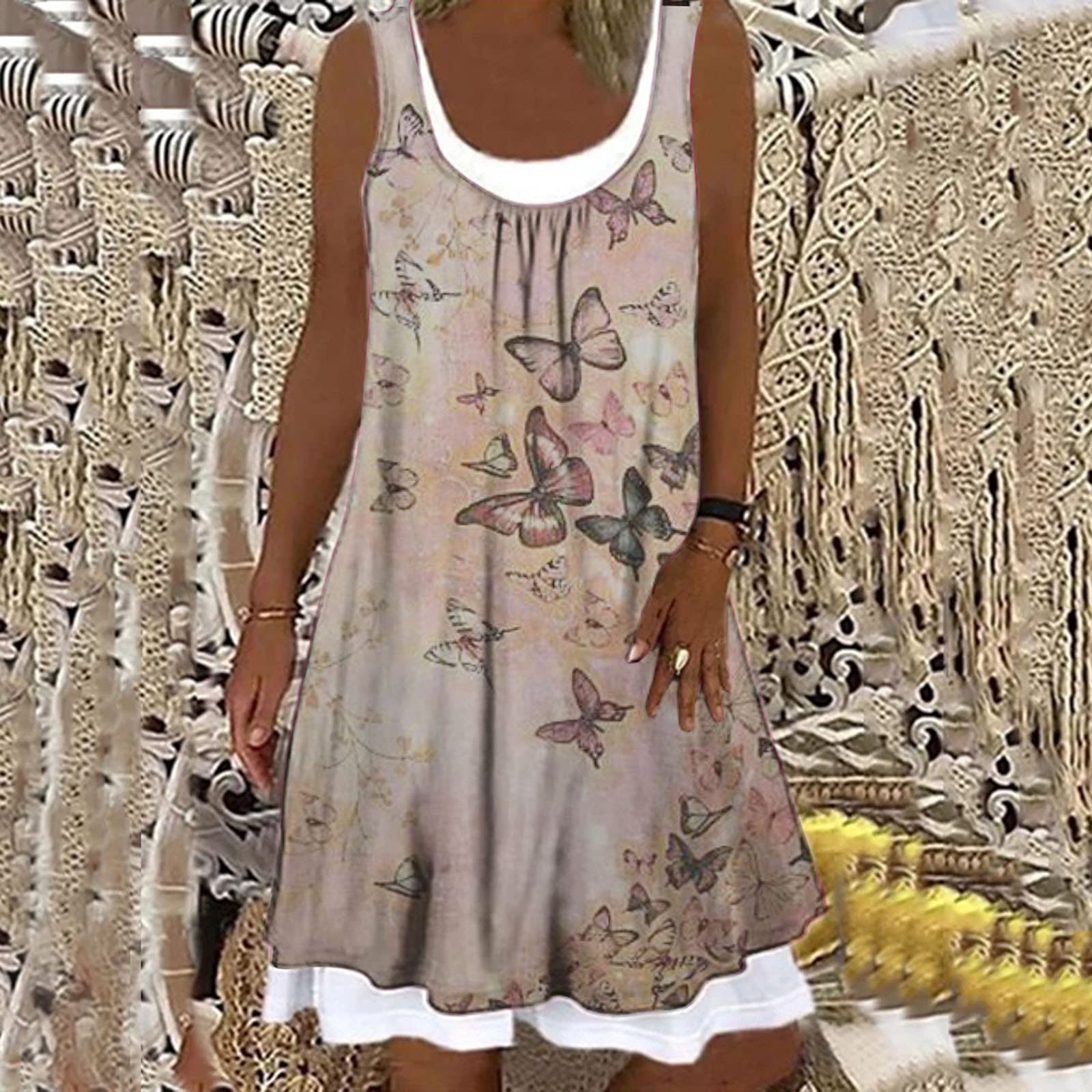 Sommerkleid Damen Midi Ärmellos Knielang Boho A-Linie Kleid U-Ausschnitt Casual Strand Kleider Lose Minikleid Strandkleider