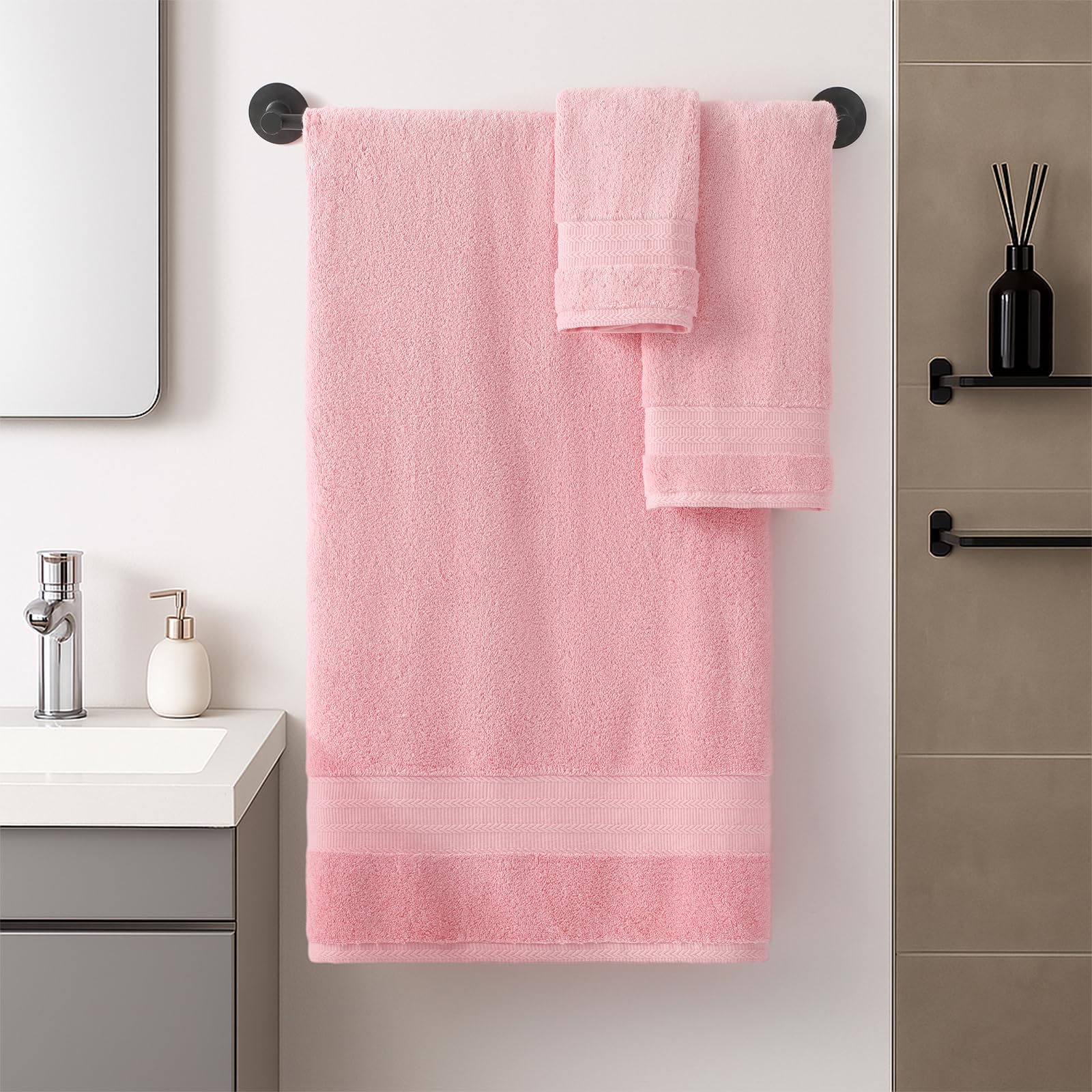 REDKISS 8 teilig Handtuch Set aus Baumwolle mit Aufhänger,weich & saugstark | OEKO-TEX zertifiziert, 540GSM, mit 2 Badetuch+2 Handtücher + 4 Waschlappen, ideal für Bad & Sauna-Rosa