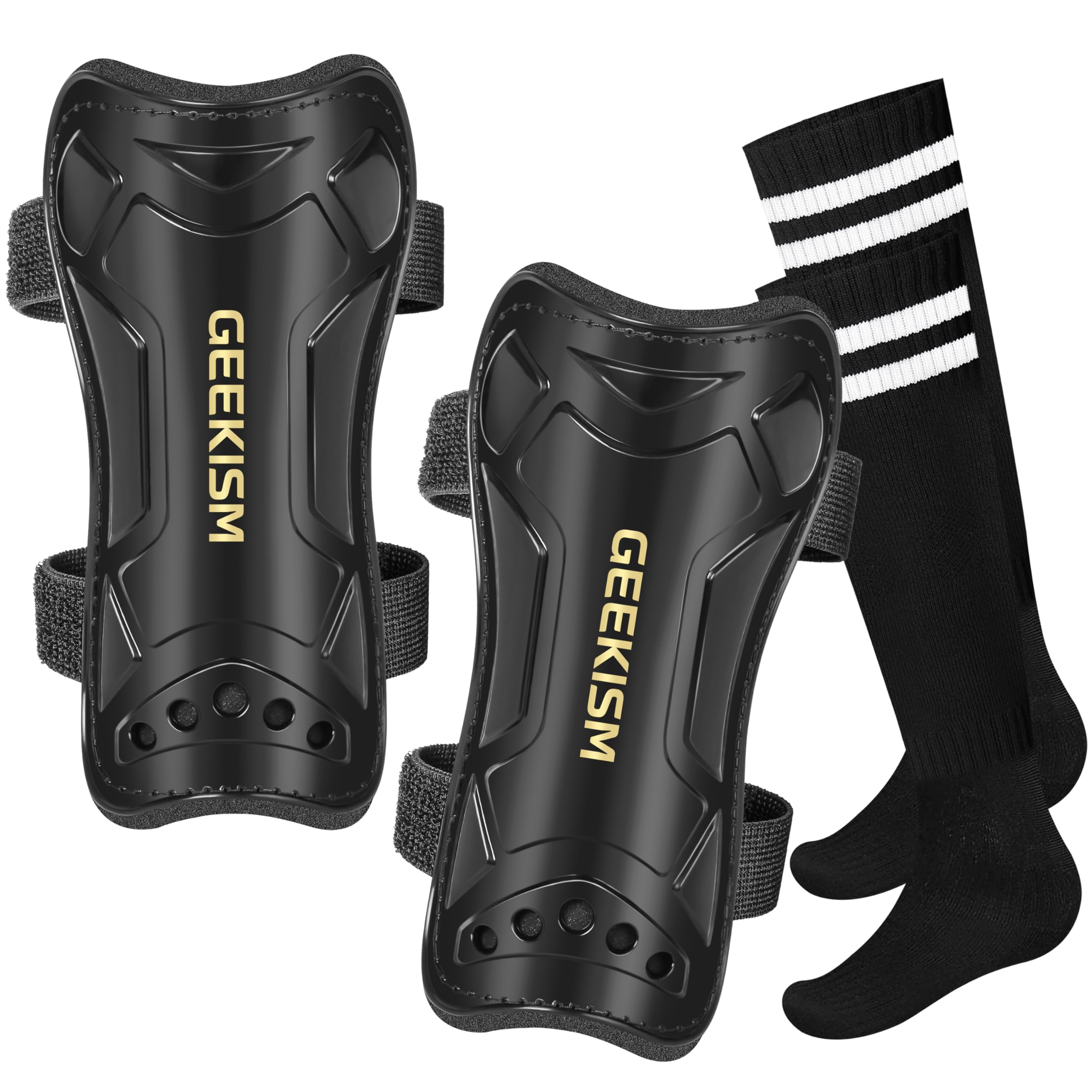 GeekSport Soccer Shin Guards - Youth Sizes Soccer Shin Pads Equipment 4-15 Years Old Girls Boys Toddler Kids Children Teenagers (S - Shin Guards Length 5.7", Black 1 Pack Soccer Shin Guards + Socks)