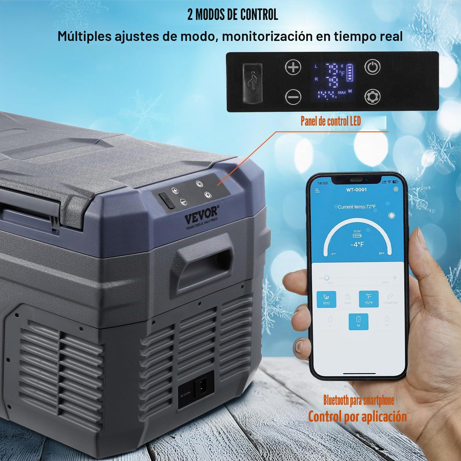 VEVOR Nevera de Compresión Portátil 25 L Mini Nevera para Coche 12/24V CC y 100-240V CA Caja Enfriadora de Doble Zona Temperatura Ajustable de -20°C a 20°C para Camión Barco Casa Camping