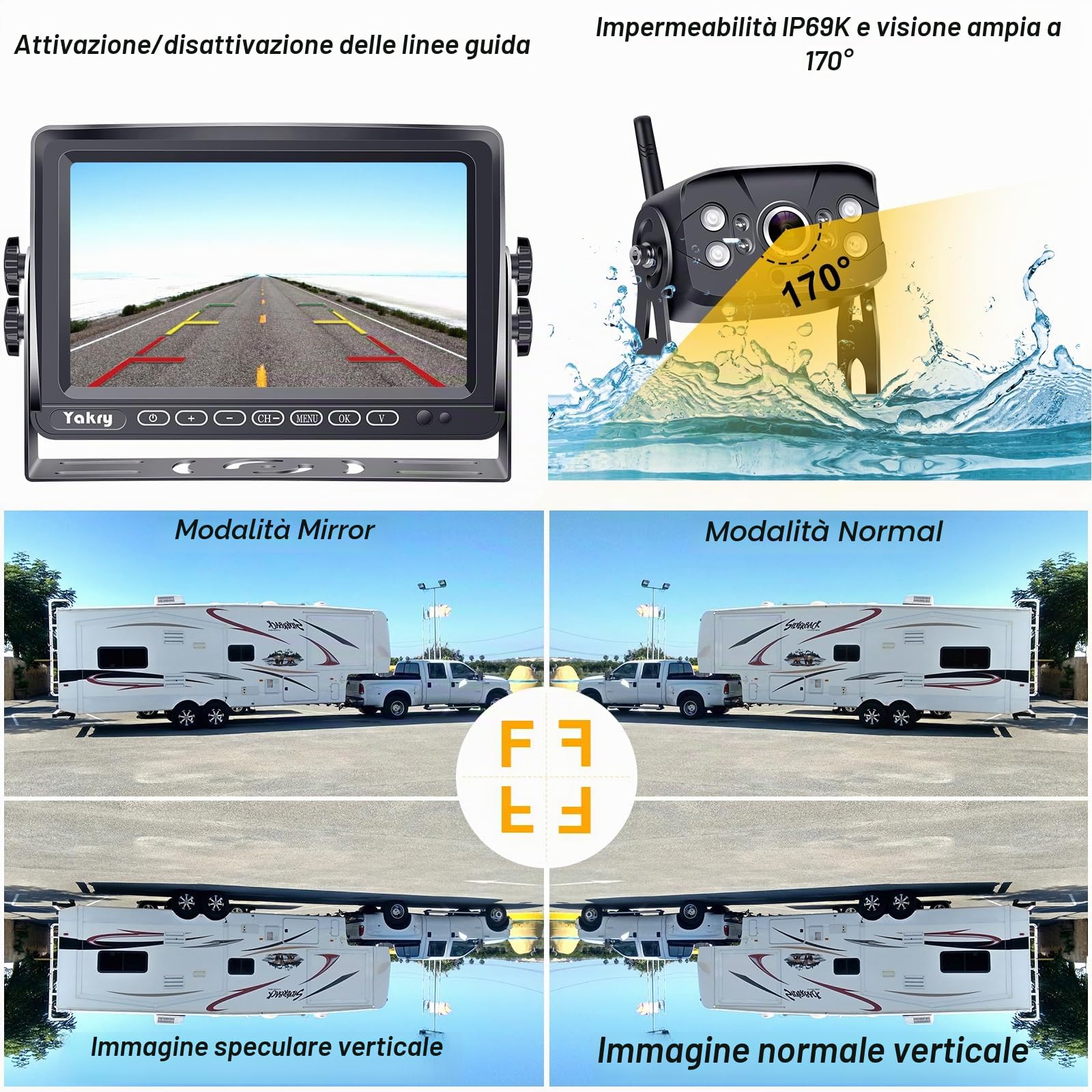 Yakry S33-Y27 - Telecamera di retromarcia wireless FHD 1080P da 17,8 cm con sistema DVR per camper, rimorchi, camion, quinte ruote, barche