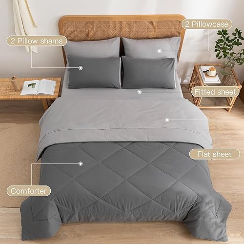 Miniatura 5 de SeaRoomy Juego de cama King en una bolsa, juego de edredón reversible de 7 piezas ultra suave con edredones, sábanas, fundas de almohada y fundas de