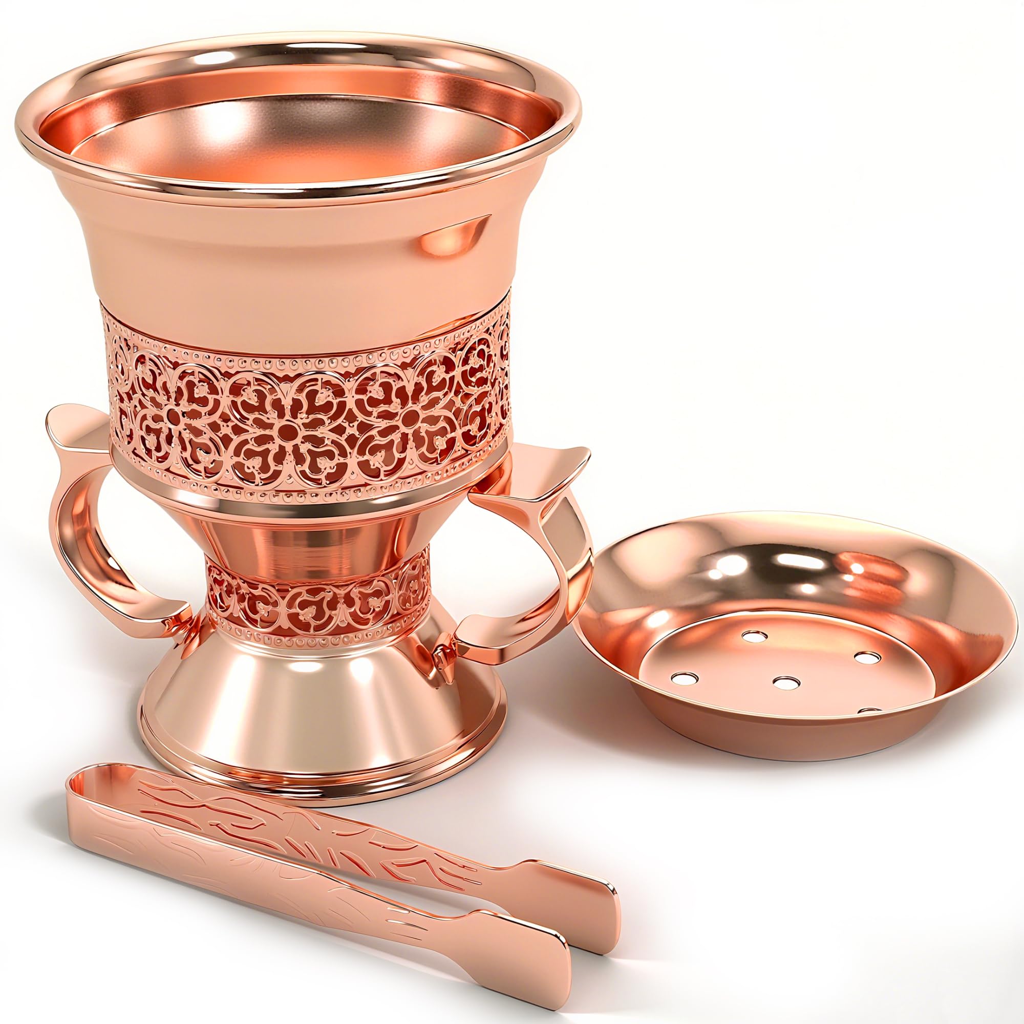 BEYLAB Frankincense Incense Burner, Incense Censer, Bakhoor Burner, Charcoal, Burner with Handle Tongs for Yoga, Spa Aromatherapy (Rose gold)