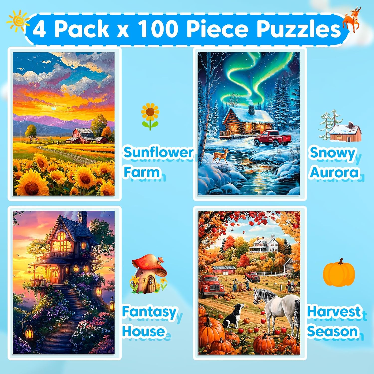 4 Packs 100 Piece Puzzles for Adults, 4 Themed Large Piece Puzzles for Seniors Jigsaw Puzzles for Kids Ages 6-8 8-10 Learning Educational Toys for Boys and Girls