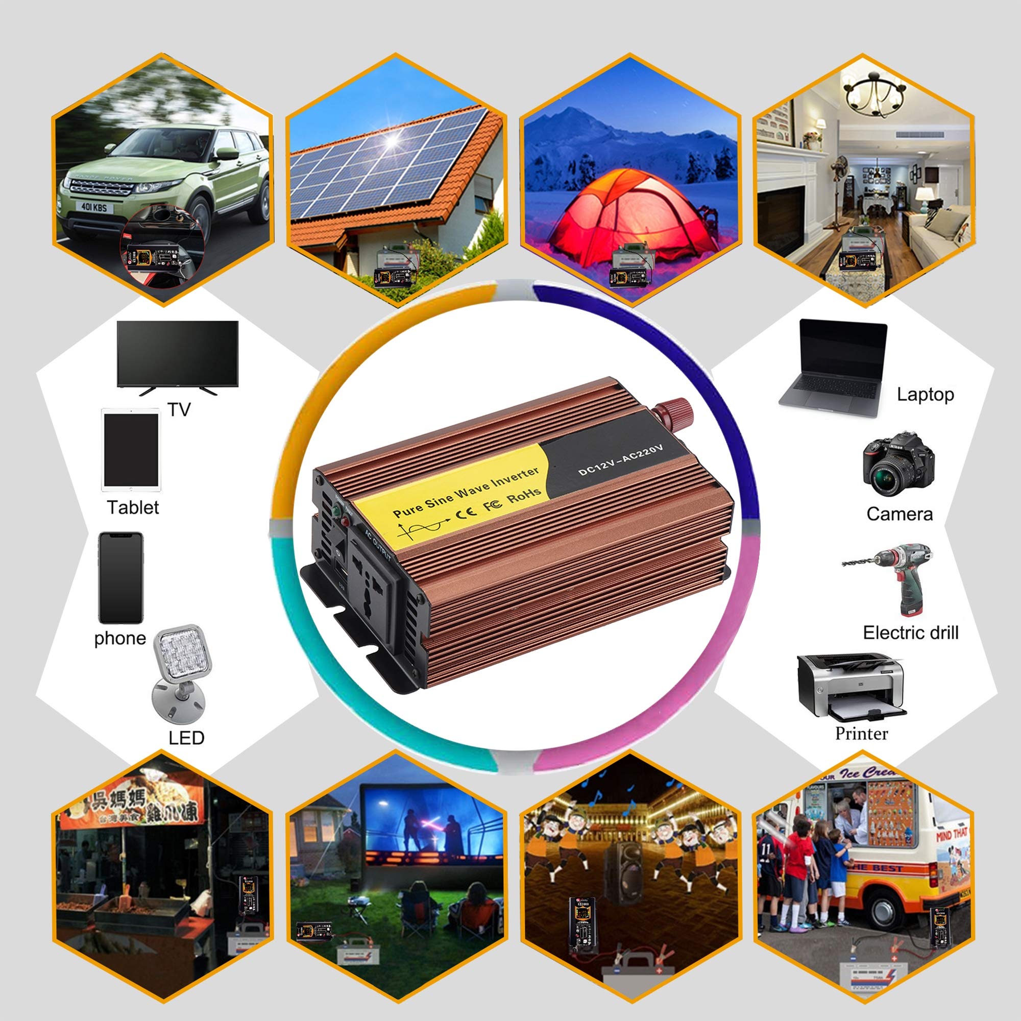 Inversor Corriente Onda Pura 300w/500w/600w, con Salida AC y Puerto USB, Cargador Batería DC a AC, para Ordenador Portátil, Almohadilla, Tableta, Teléfono Inteligente