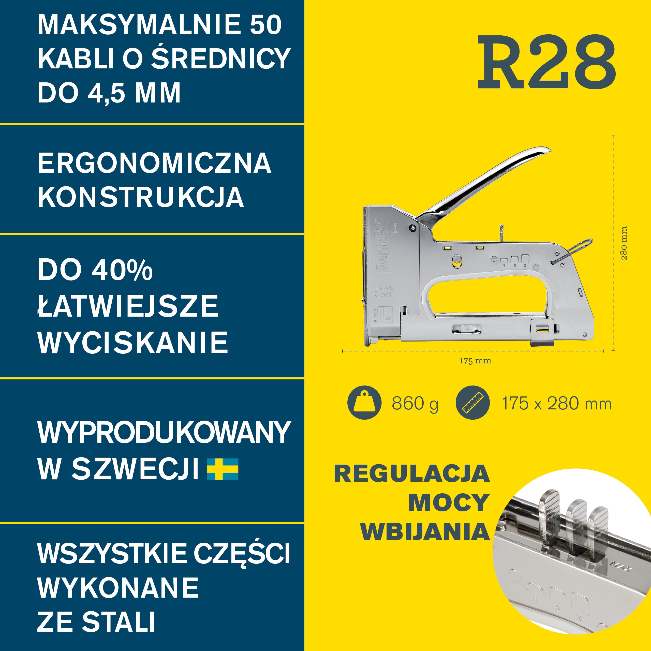 Rapid, Zszywacz Ręczny Rapid PRO R28 do Zszywek Nr 28, Poręczny Spust, 3-Stopniowa Regulacja Mocy, Wewnętrzne Zużywalne Części ze Stali, Wyprodukowany w Szwecji (5001672)