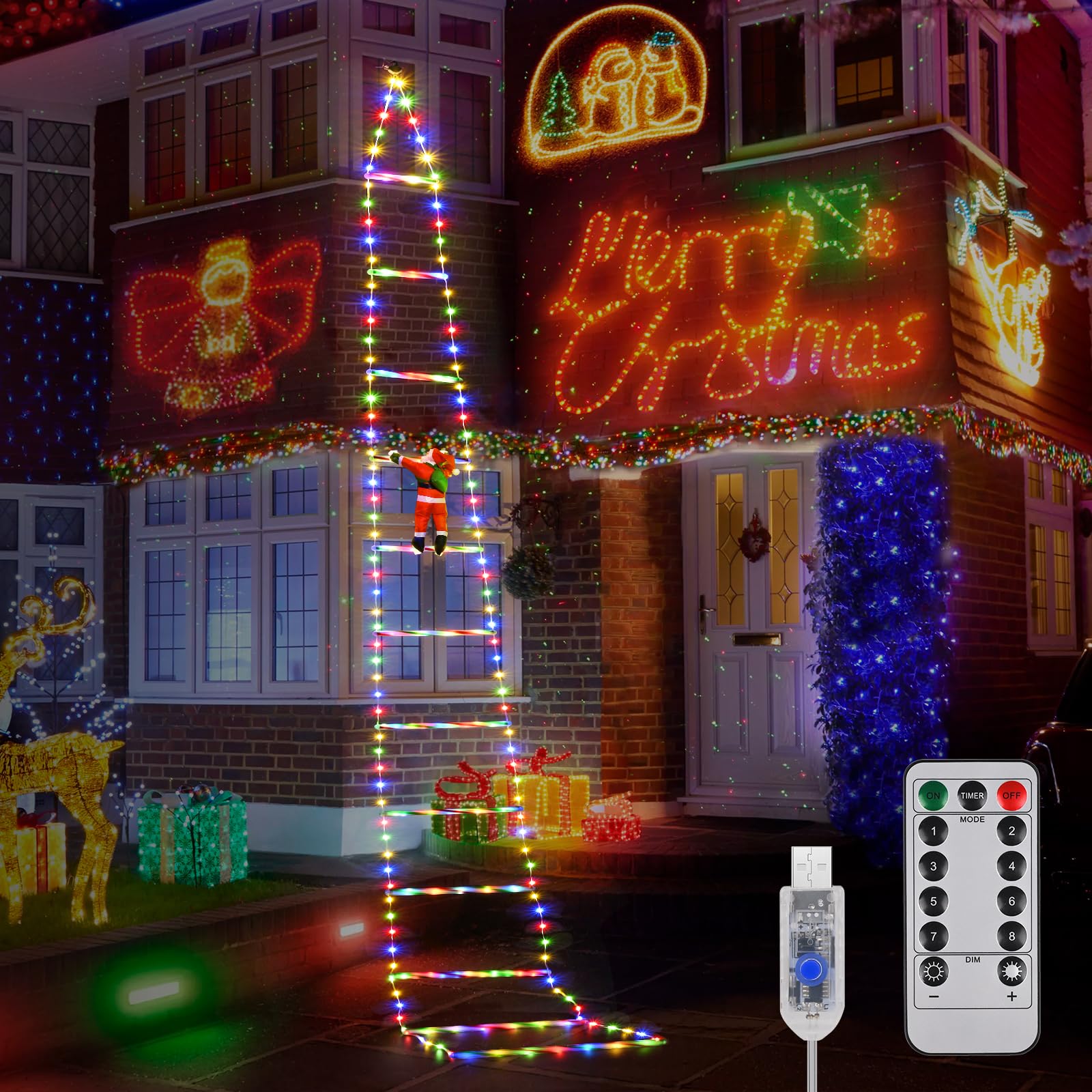 3 M Guirnalda Luces de Navidad con Papá Noel, Escalera con Papá Noel, Temporizador, 8 mode, Luz de Navidad Decoración Interior Exterior Fiestas, Casa, Balcón, Arbol de Navidad (Color)