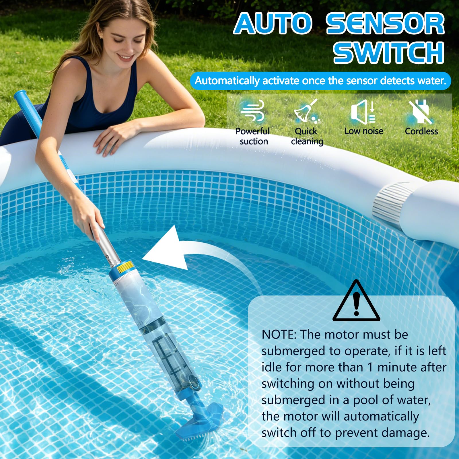 Aspirapolvere senza fili per piscina con batteria da 1600 mAh, con asta di prolunga, filtro e 3 teste, max. 165 cm, aspirapolvere per piscina, idromassaggio e piscina per bambini
