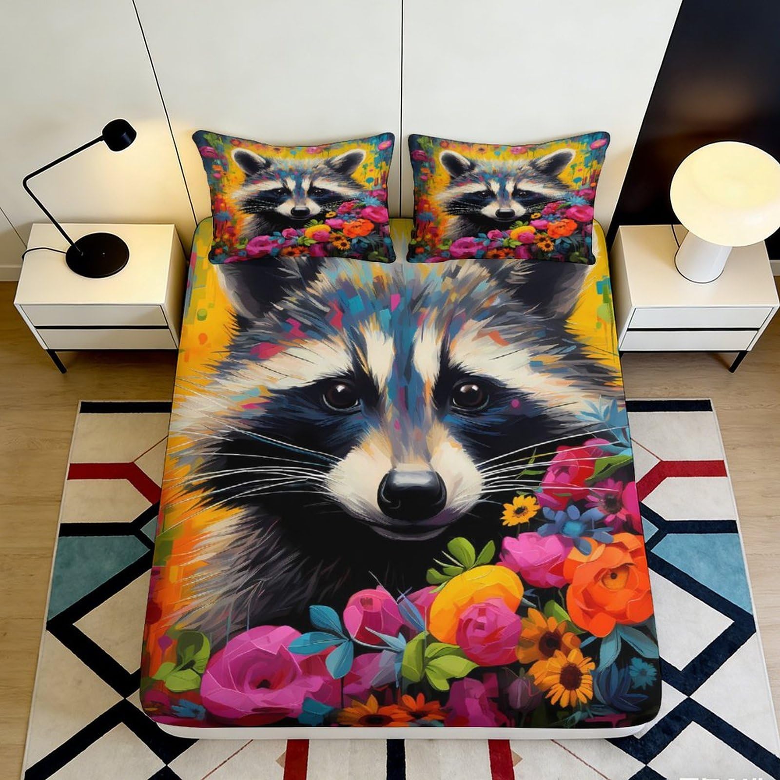 3D Printed Colorful Raccoon Fitted Sheet Microfiber Soft Breathable Floral Bed Cover Mattress Protection for Bedroom Dormitory Guest Room 160x200x25cm