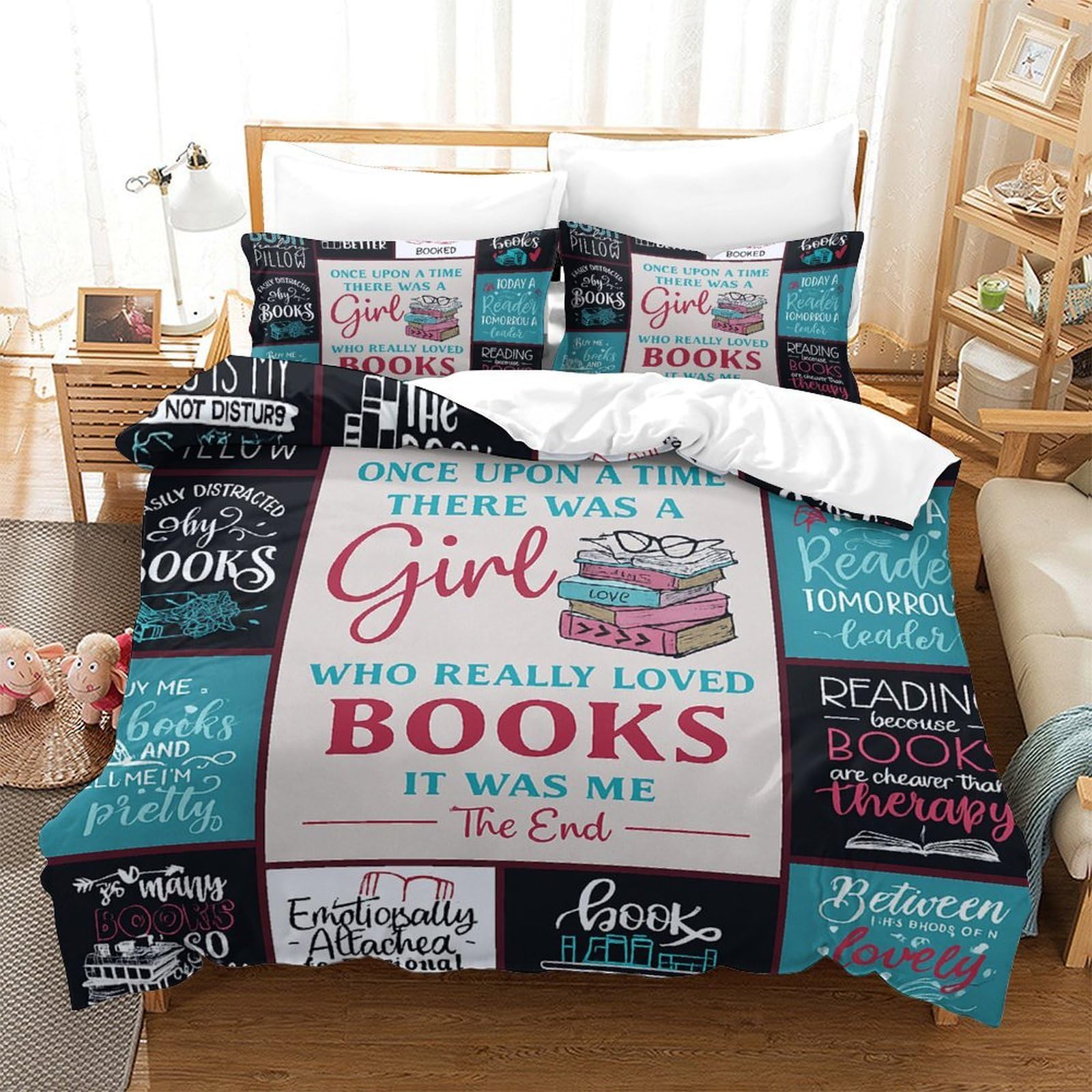 Gxyuaoief Style Book Lover Quotes Duvet Cover 3 Pieces 3D Print Vintage Design Microfiber Quilt Cover With 2 Pillowcases Hidden Zipper For Bedding Deco Double（200X200cm）