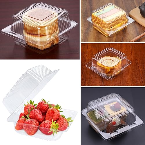 Miniatura 7 de Haawooky Paquete de 100 recipientes de plástico transparente para llevar, recipiente cuadrado con bisagras, recipientes de postre con tapas para