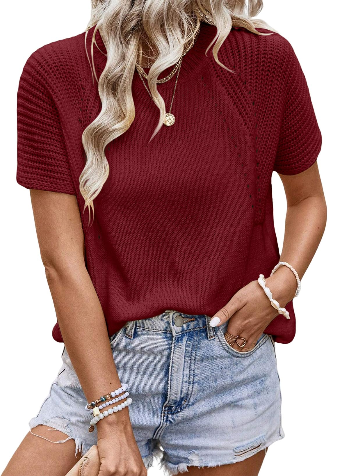 Dokotoo Womens Tops Dressy Casual Summer Crewneck Short Sleeve Sweaters Knit Solid Trendy Hollow Out Shirts Blouses