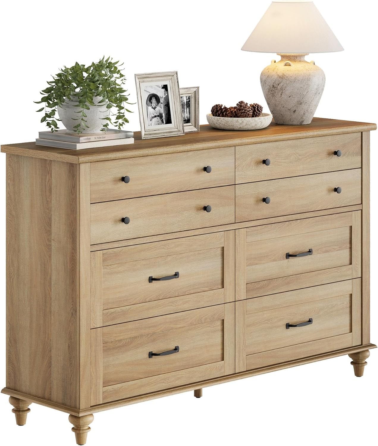 WAMPAT 54 Inch Dresser TV Stand for TVs up to 65 Inch, Oak Console Table Entryway Table Dresser with 8 Drawers, Wooden Media Console Table for Living Room, Wide Dresser for Bedroom