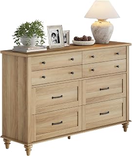 WAMPAT 54 Inch TV Stand for TVs up to 65 Inch, Oak Console Table Entryway Table, 8-Drawer Wooden Media Console Table for Living Room, Wide Dresser for Bedroom