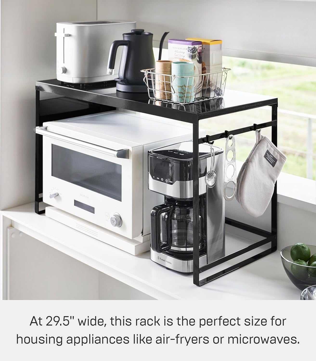 YAMAZAKI Home Kitchen Appliance Rack, Microwave Stand With Steel Side Panel, Adjustable Shelves, Hooks & Storage For Countertops, Small Kitchen Organizer, Modern Minimal Design - Steel