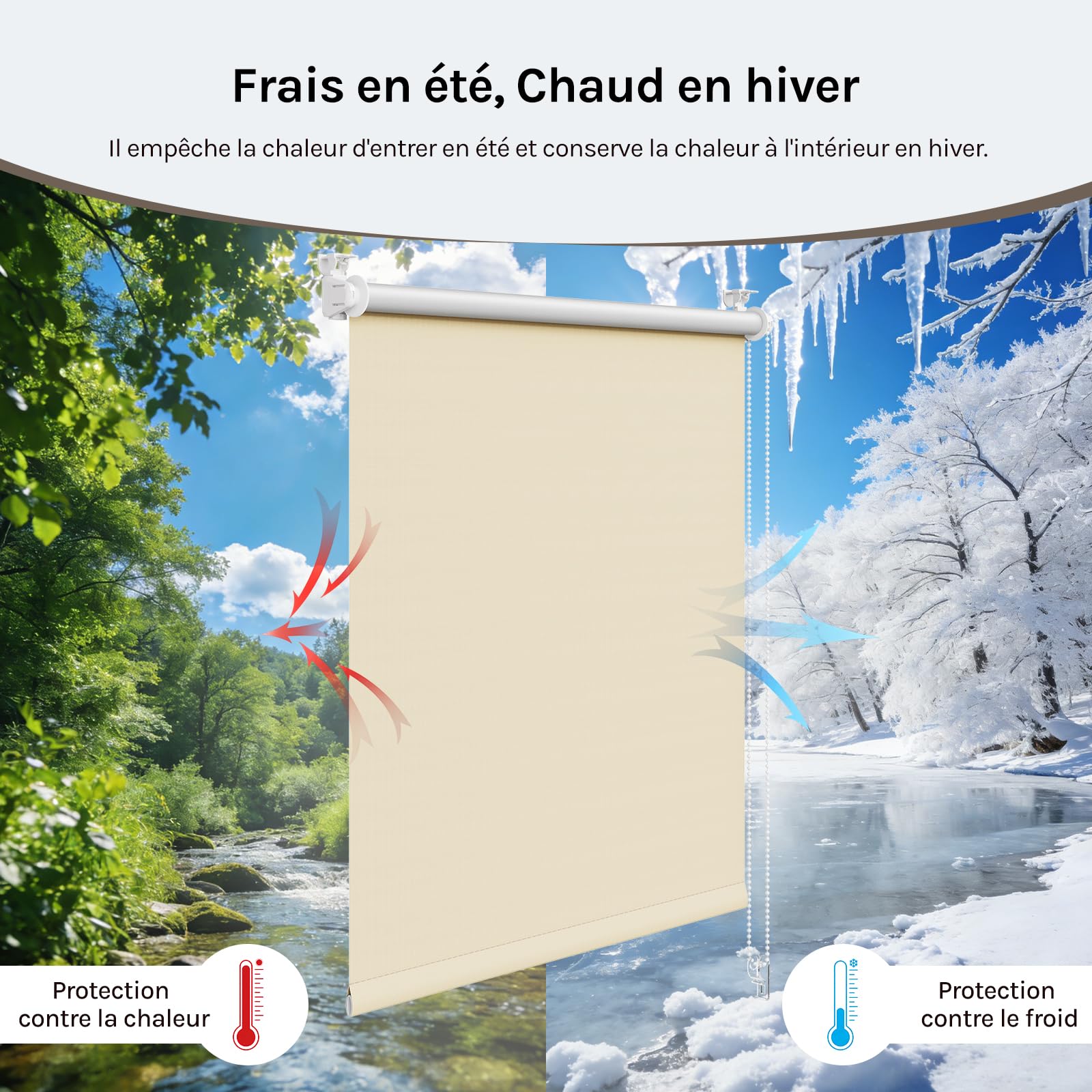 WOLTU Occultant Enrouleur sans Perçage, Rideau Opaque Revêtement Argent, Protection Soleil 70x210 cm Beige