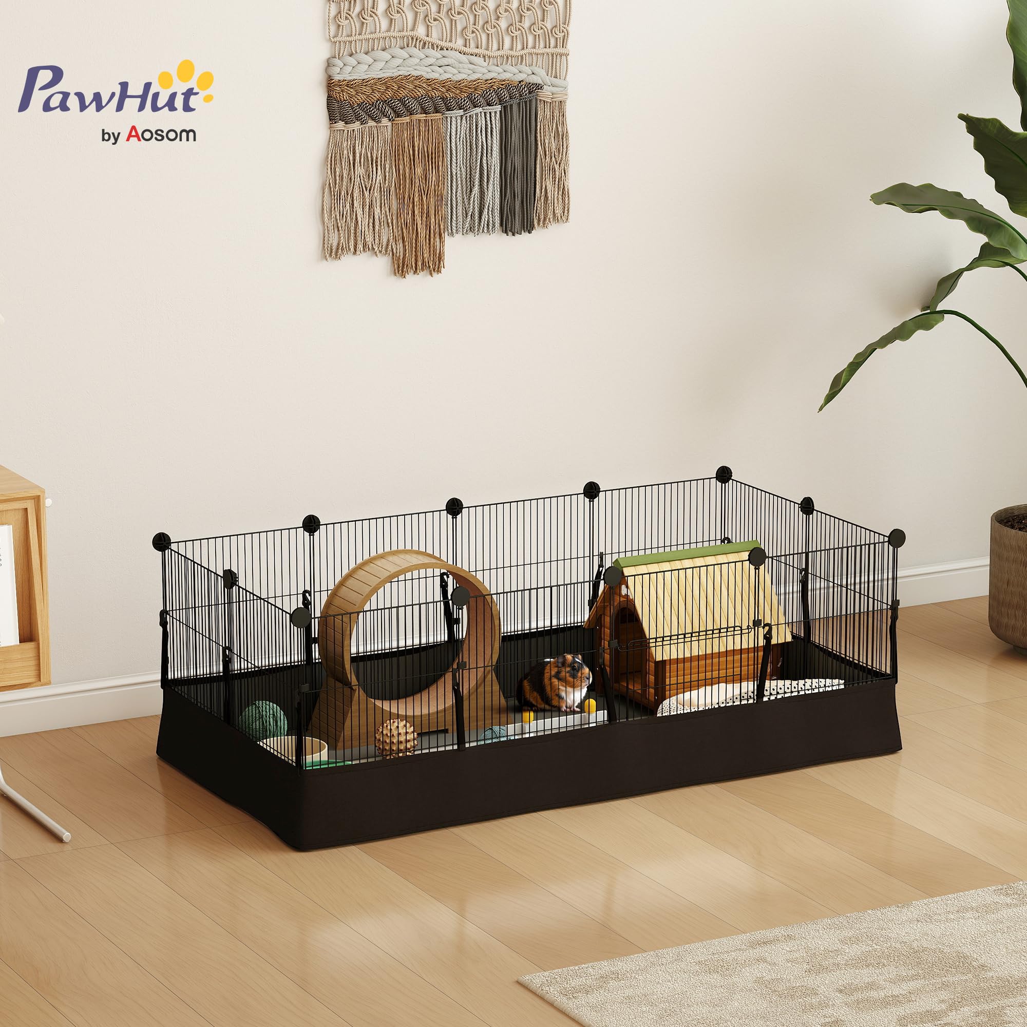 PawHut Valla Metálica para Mascotas de 12 Paneles, Jaula para Animales Pequeños, Forma Personalizable, Alfombrilla Impermeable, Parque para Cobayas, Erizos, 120x60x40 cm, Negro