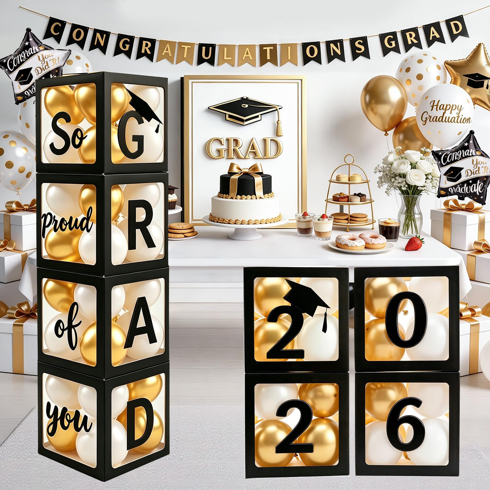 Photo 1 of 2026 Graduation Party Decorations - Black Balloon Boxes with Letters, "GRAD" & "So Proud of You" & "2026", 20pcs Balloons, Graduation Photo Props for High School College Class of 2026 Celebration