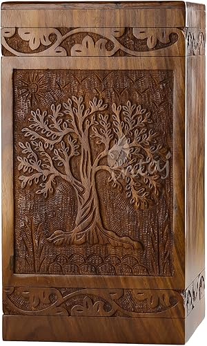 Miniatura 16 de INTAJ Urna de cremación de madera tallada a mano para cenizas humanas, diseño de árbol de la vida, capacidad de 250 libras, adecuada para hombres