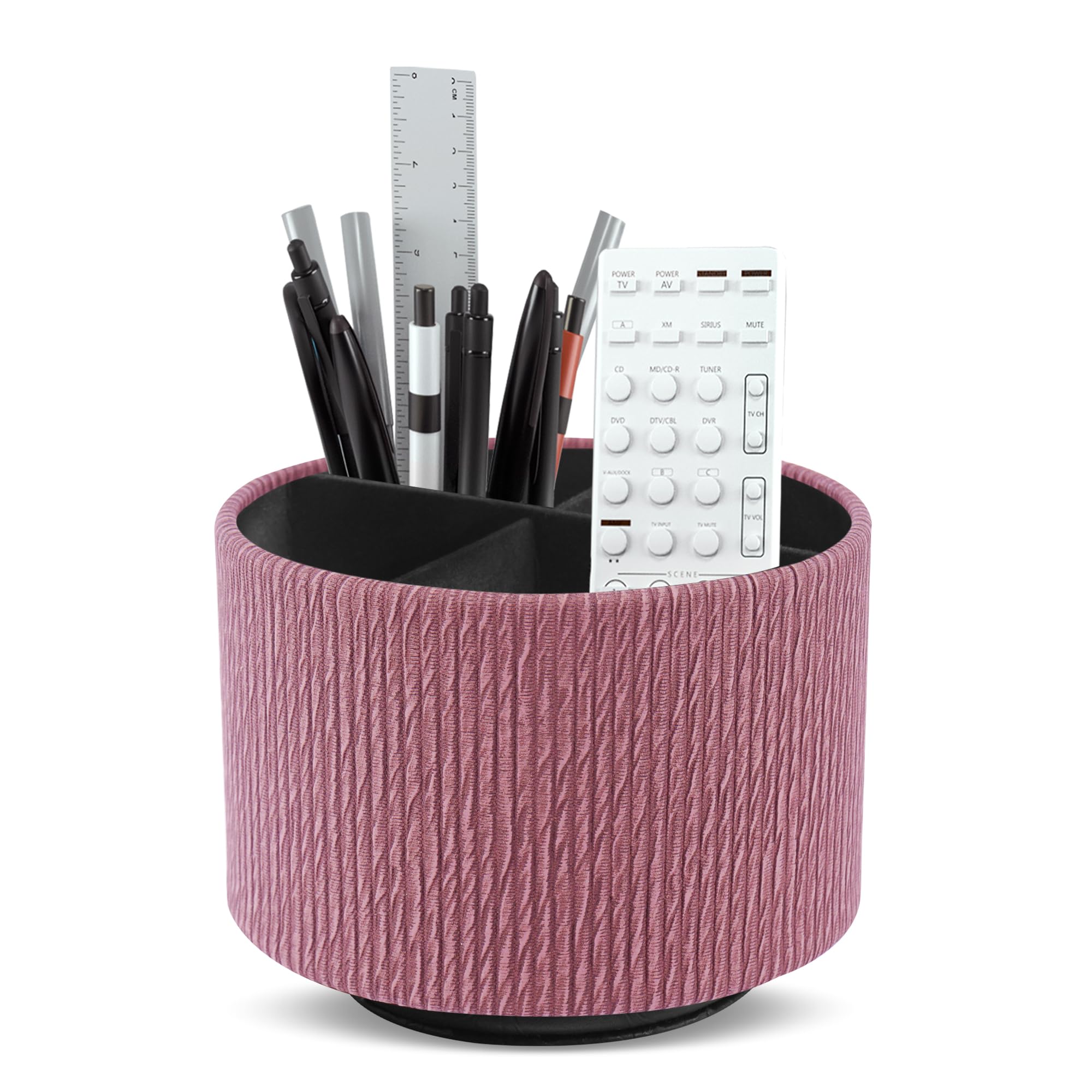 Mtzmy Round Leather Art Supply Organizer,Remote Control Holder,360 Degree Spinning,Multi-Functional Pencil Holder,4 Compartments Desktop Stationary Organizer(1-Wood Pink)