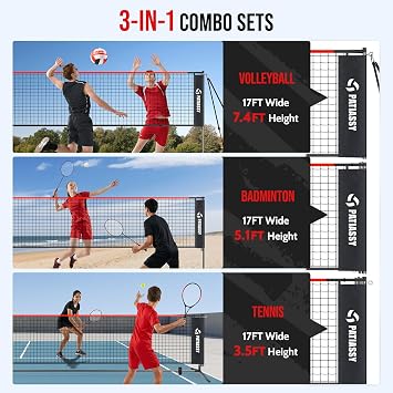 17ft Portable Badminton Net, Volleyball Net, Tennis Net - Indoor Outdoor Adjustable Height Sports Net with Poles, 3 in 1 Combo Net Set with Carrying Bag, Rackets and Balls