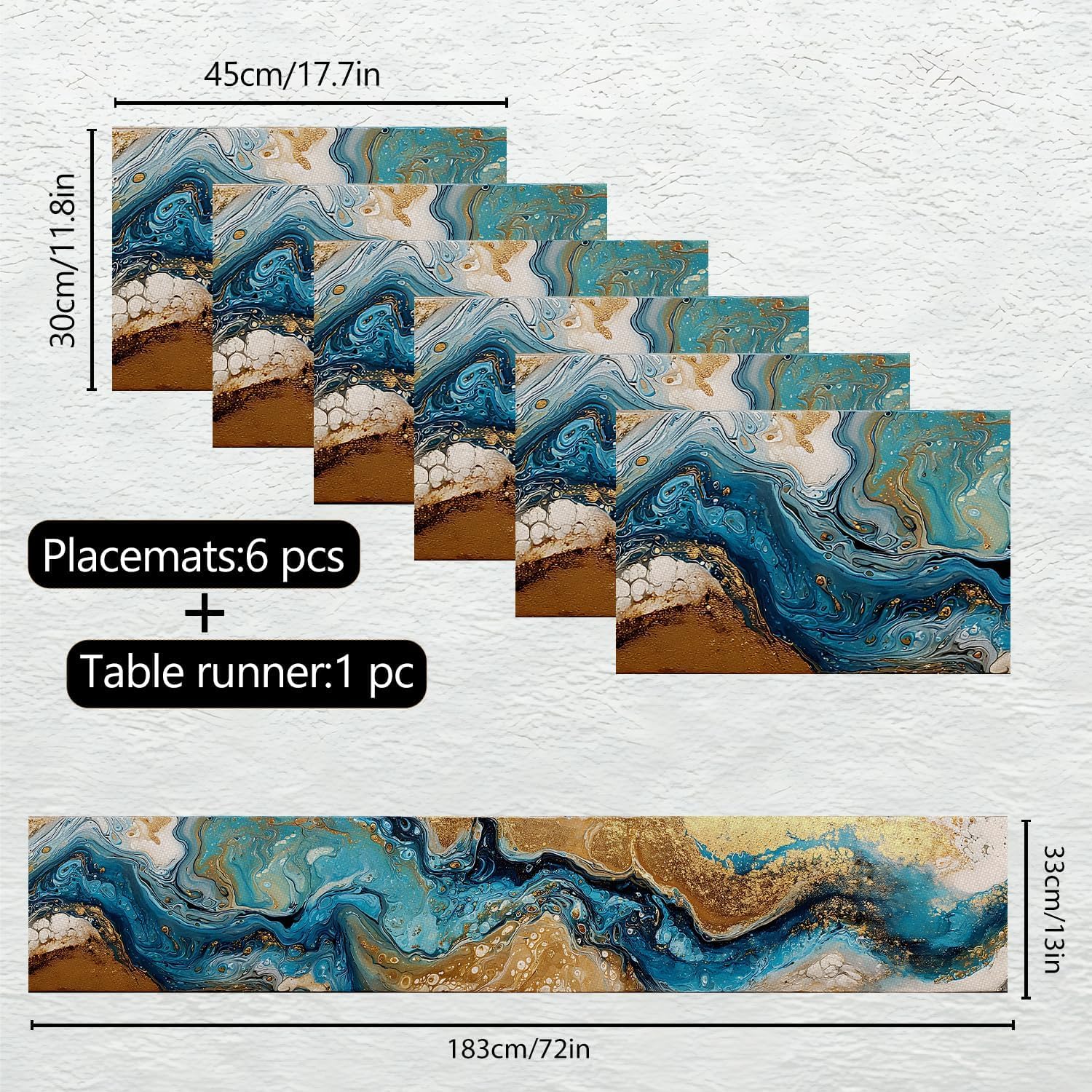 Abstract Table Runner and Placemats Set of 6, Blue & Gold Design, 1 Table Runner (72x13 in) + 6 Placemats (17.7x11.8 in), Luxury Dining Table Decor image 4