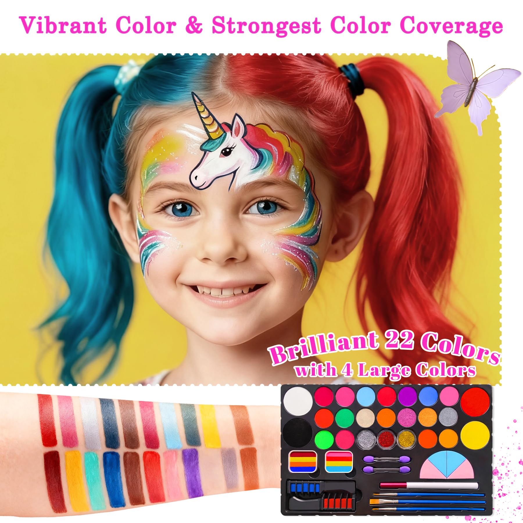 Mekkyes Truccabimbi Kit - 22 Colori Trucco Viso Bambini con 4 Colori Grandi e Adesivo per Tatuaggi, Truccabimbi kit Anallergici Atossici Body Painting per Halloween Carnevale Cosplay Natale